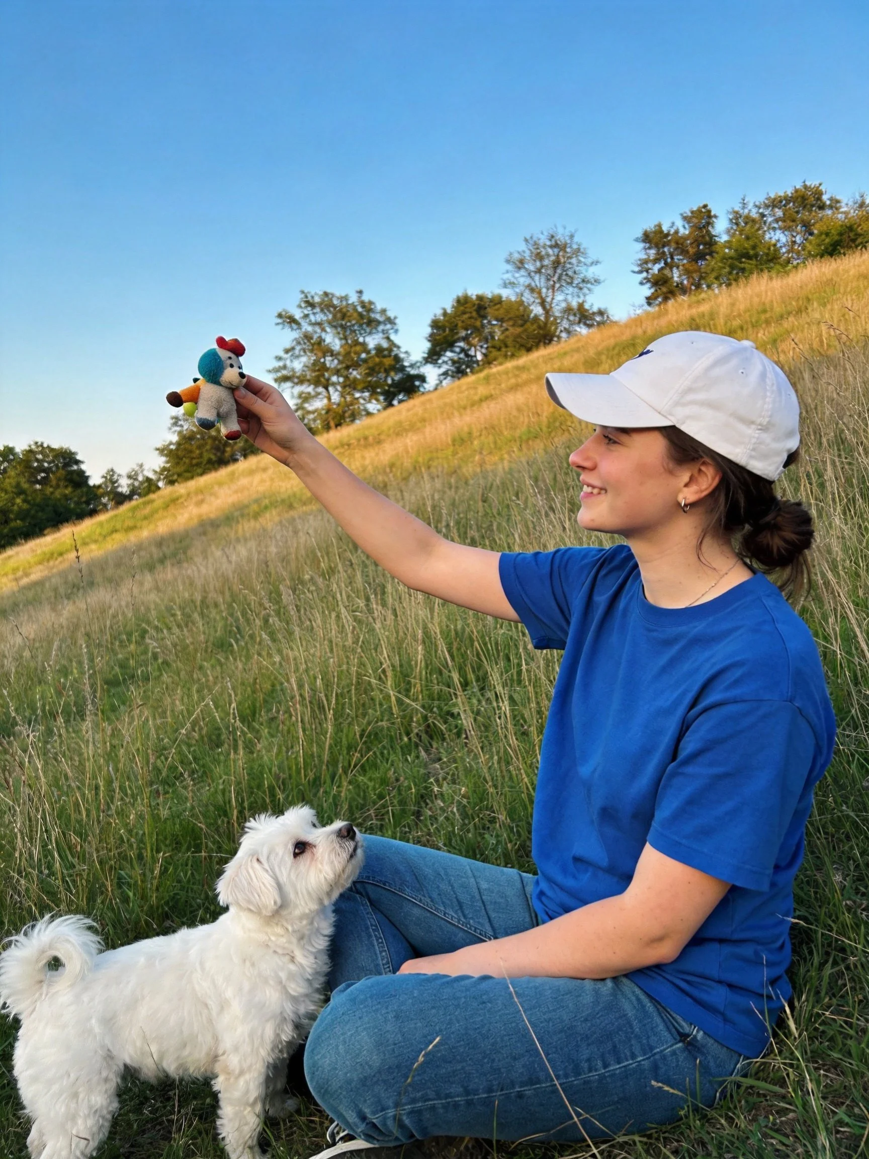 A woman in a blue shirt plays witha white dog and stuffed toy on a grassy hillside