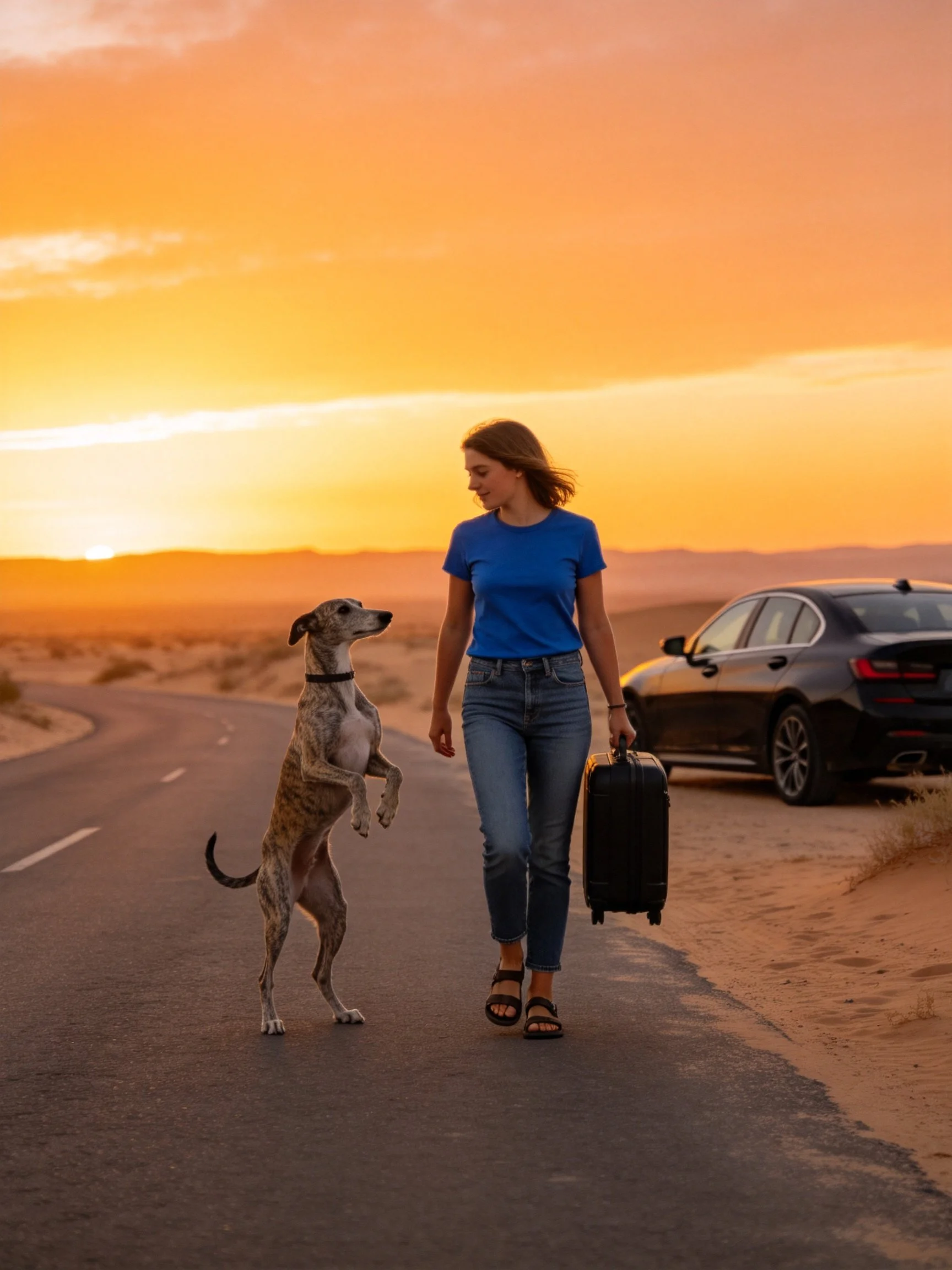 A woman in a blue shirt walks a standing dog near a black car at sunset