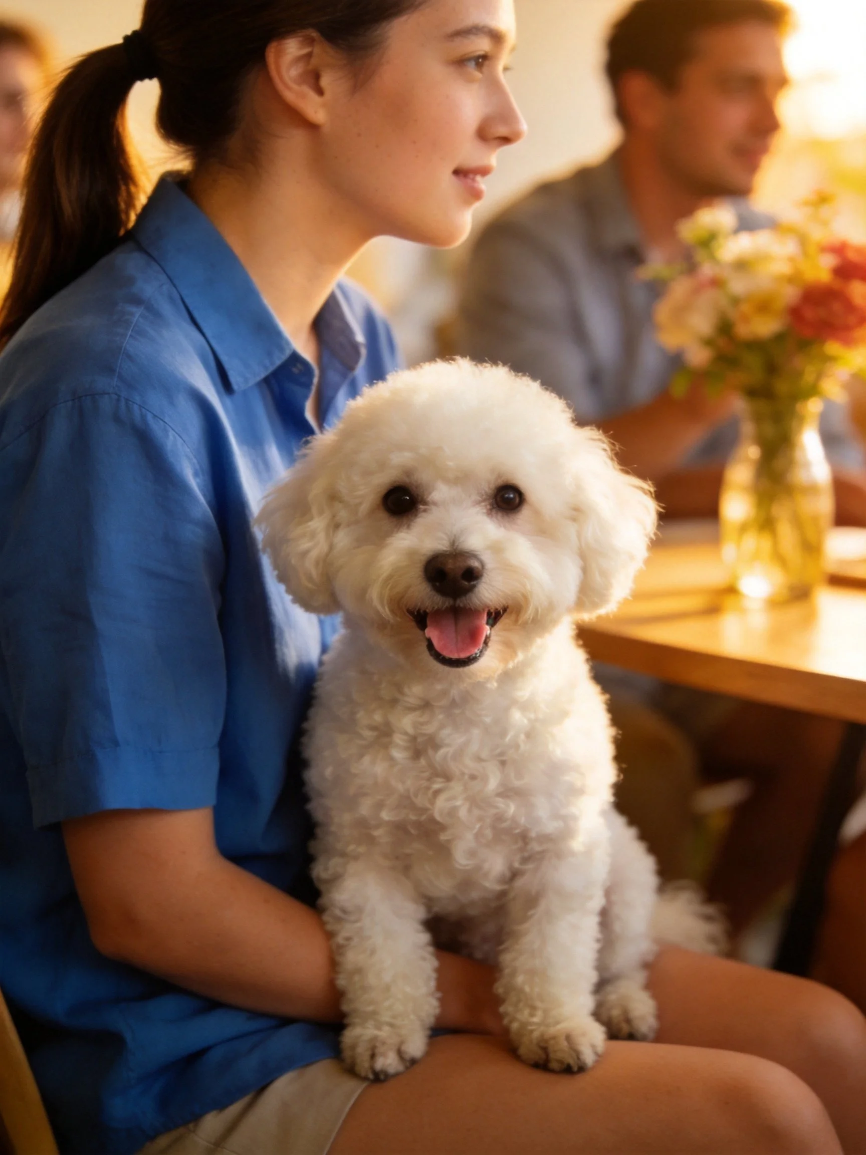 A woman in a blue shirt sits with a curly white dog in a warmly lit indoor setting.