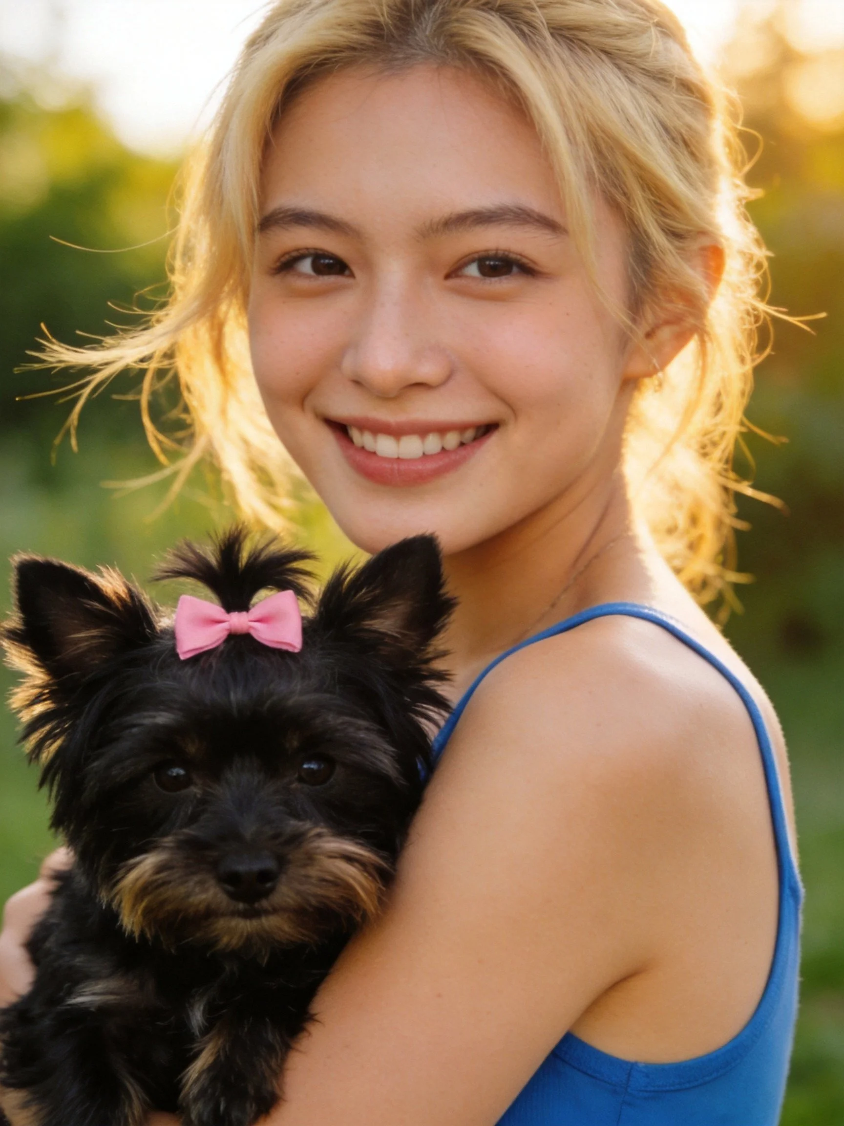 A woman smiles while holding a small black dog with a pink bow outdoors
