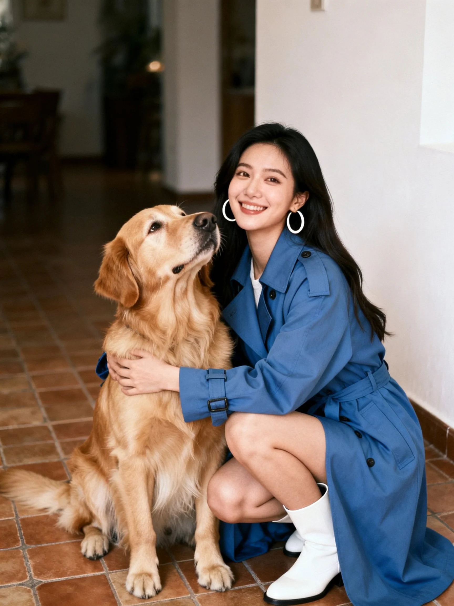 A woman in a blue trench coat interacts with a golden retriever indoors.
