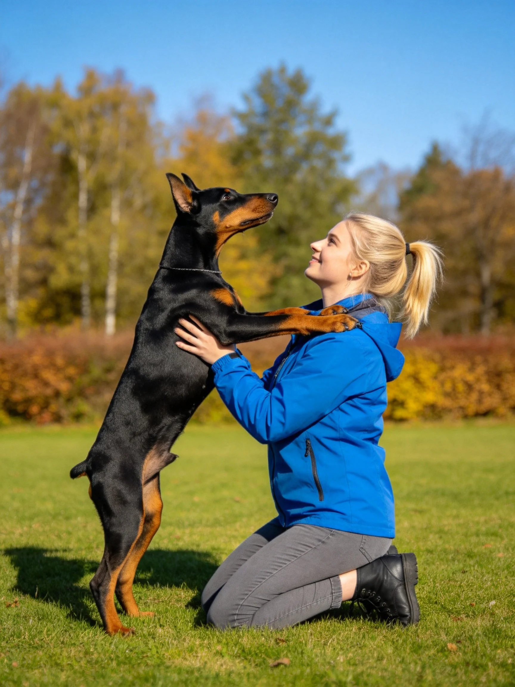 A woman kneels on grass, engaging with a black and tan dog in a sunny park.