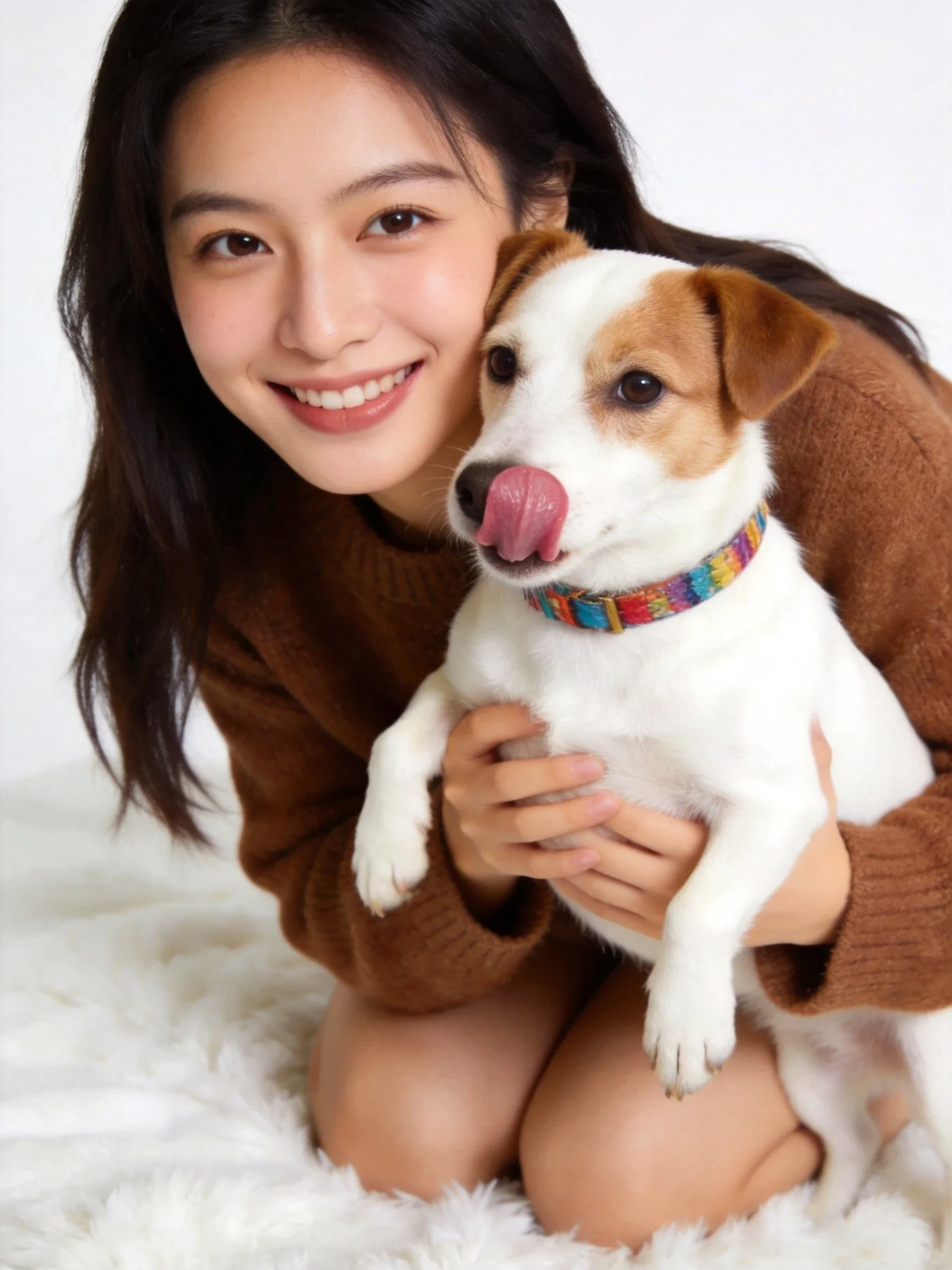 A woman in a brown sweater holds a white and tan dog with a colorful collar.