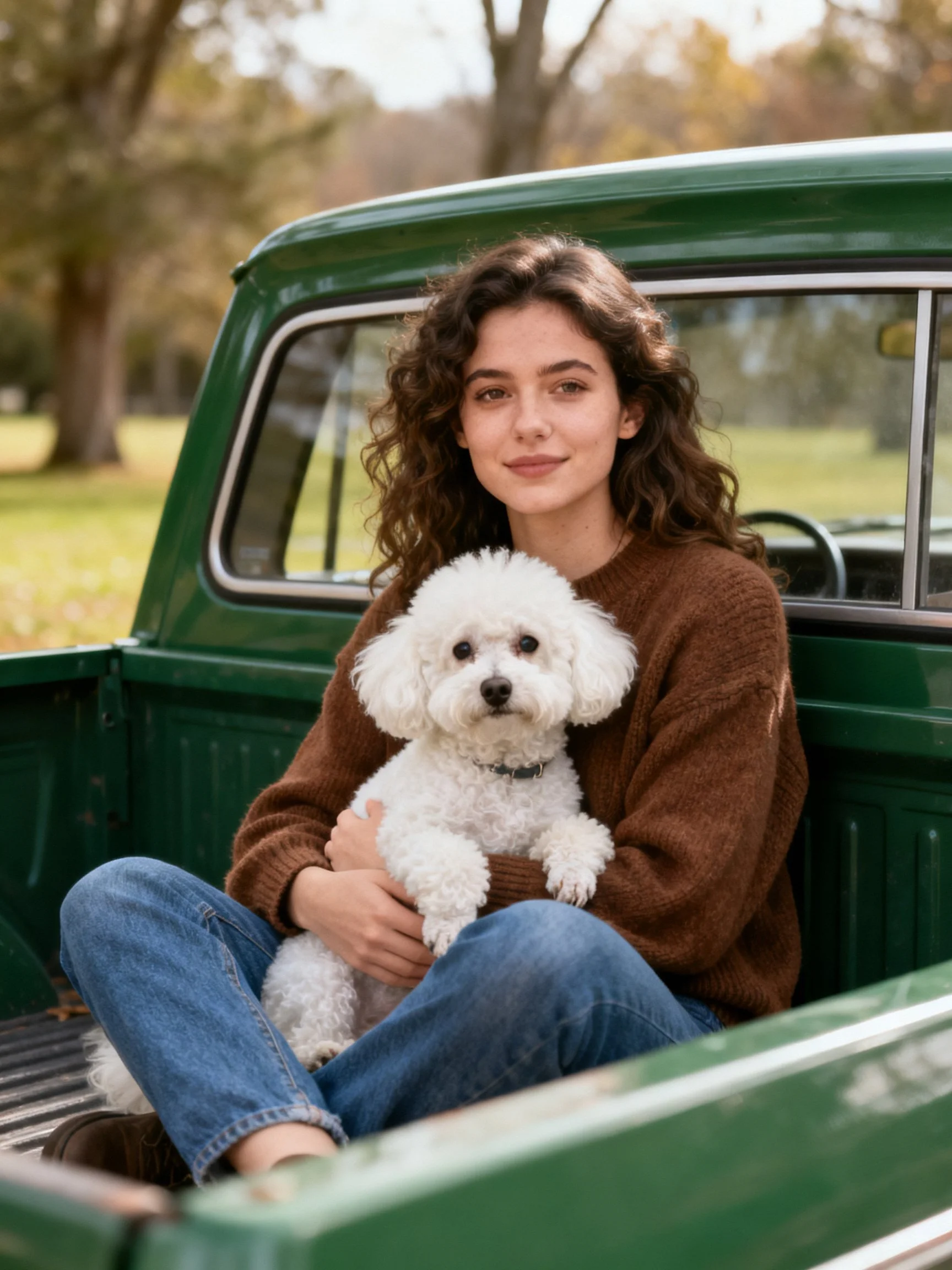A woman sits in a vintage green truck holding a small white dog.