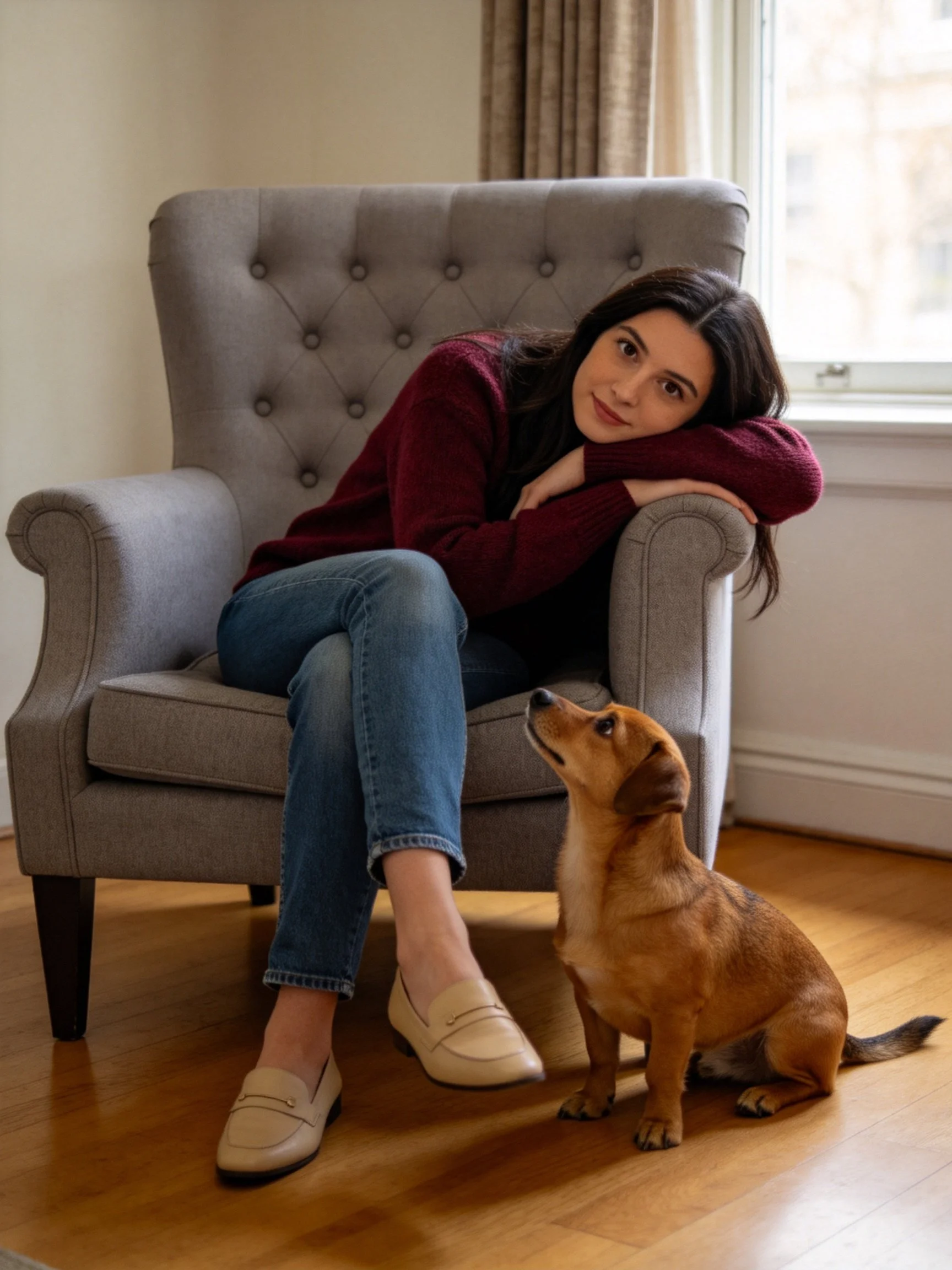 A woman relaxes on an armchair next to a small brown dog inside a well-lit room.