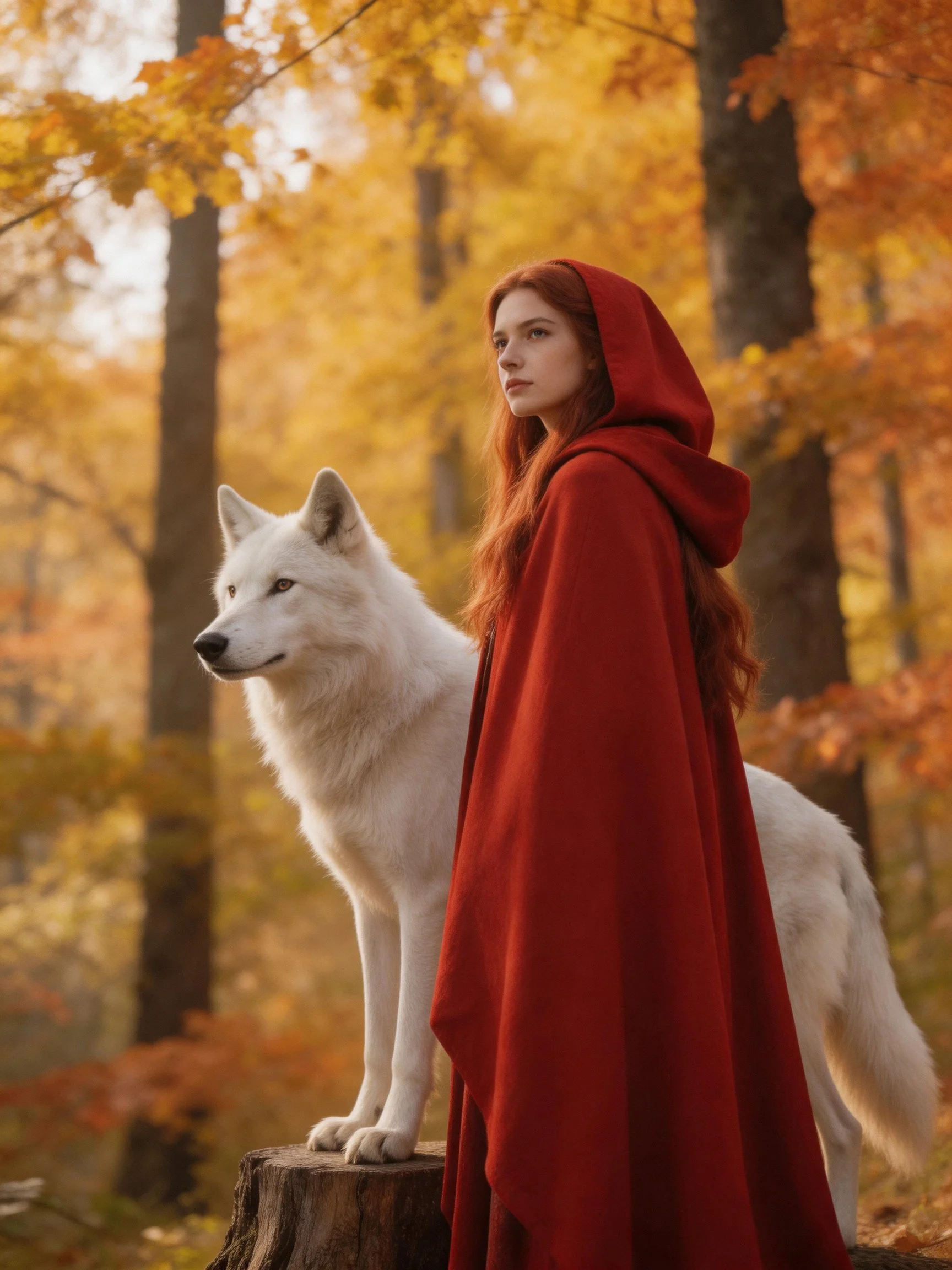 A woman in a red cloak stands beside a white wolf in an autumn forest.