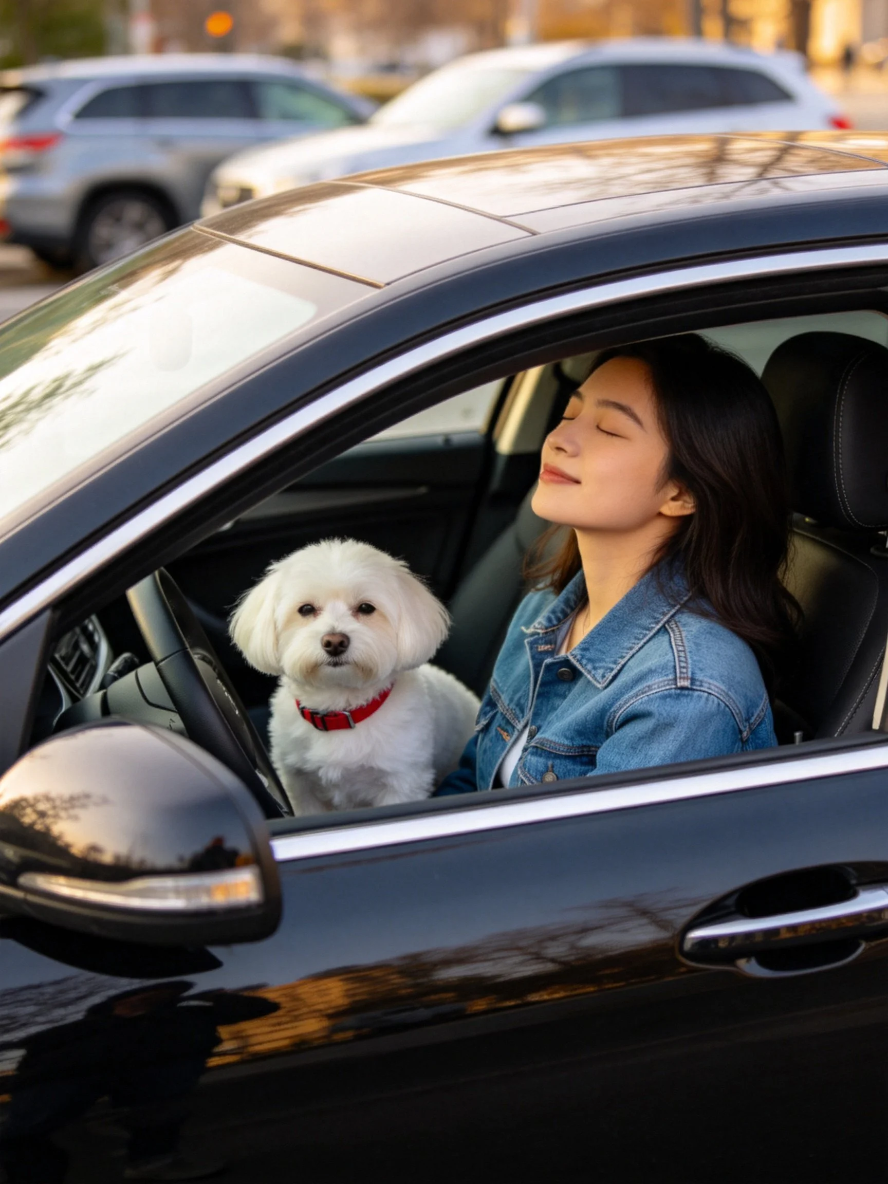 A woman drives a black car with her small white dog inside
