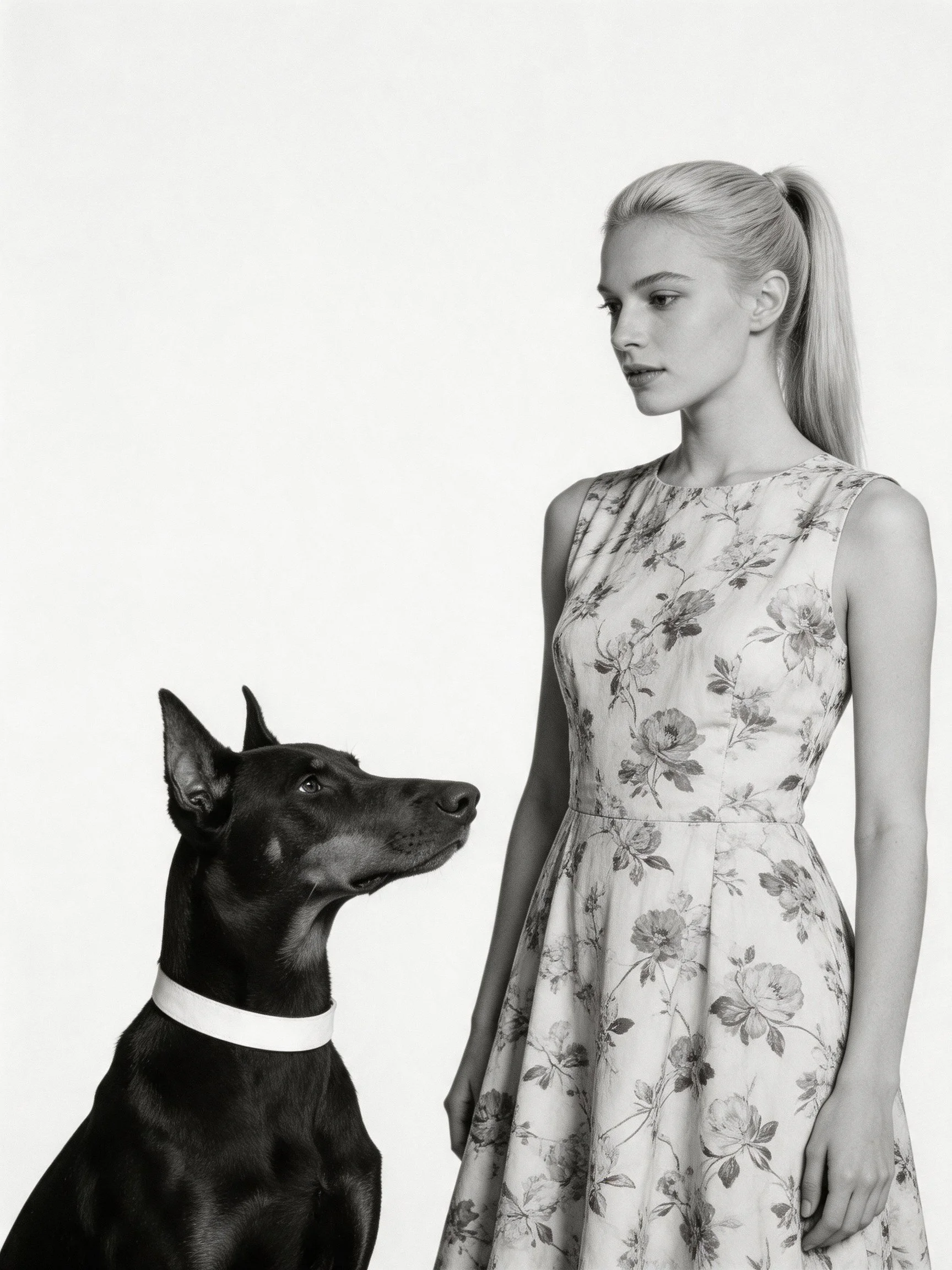 A woman in a floral dress stands beside a black Doberman dog on a plain white background.