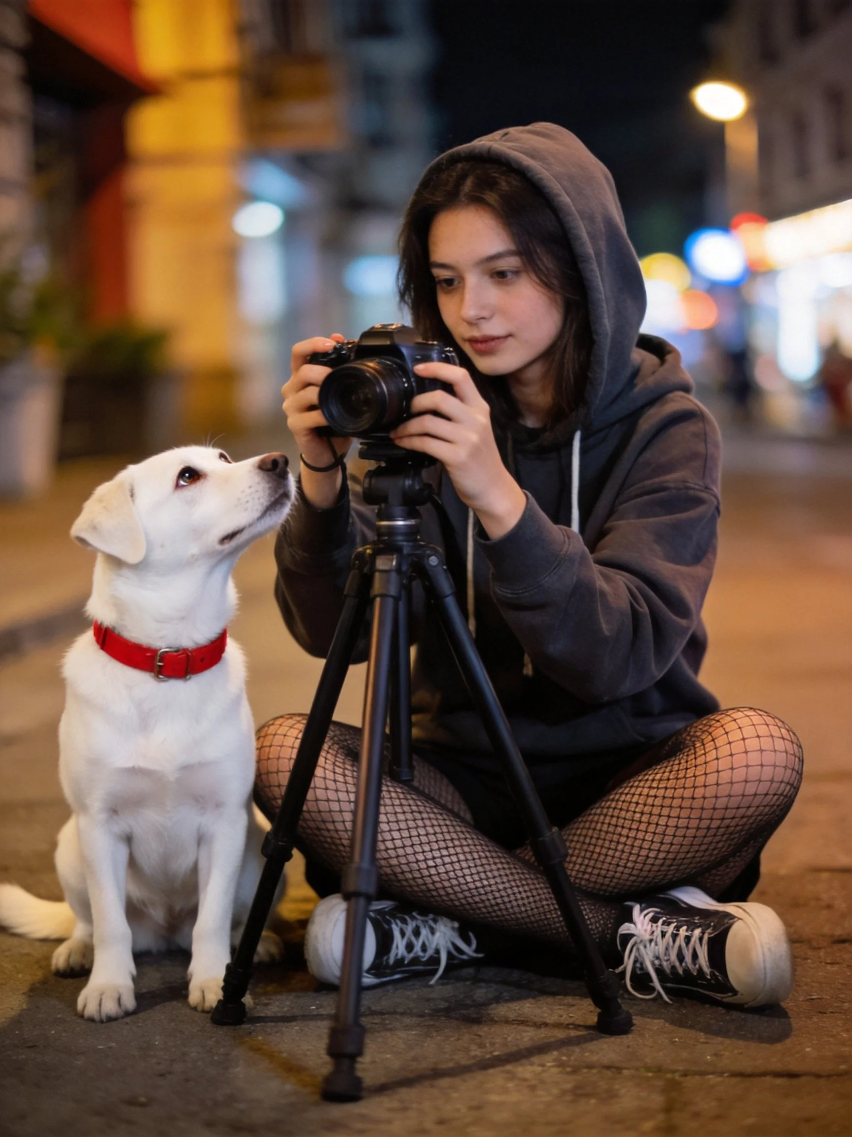 A woman photographs a white dog using a camera on a tripod outdoors at night.
