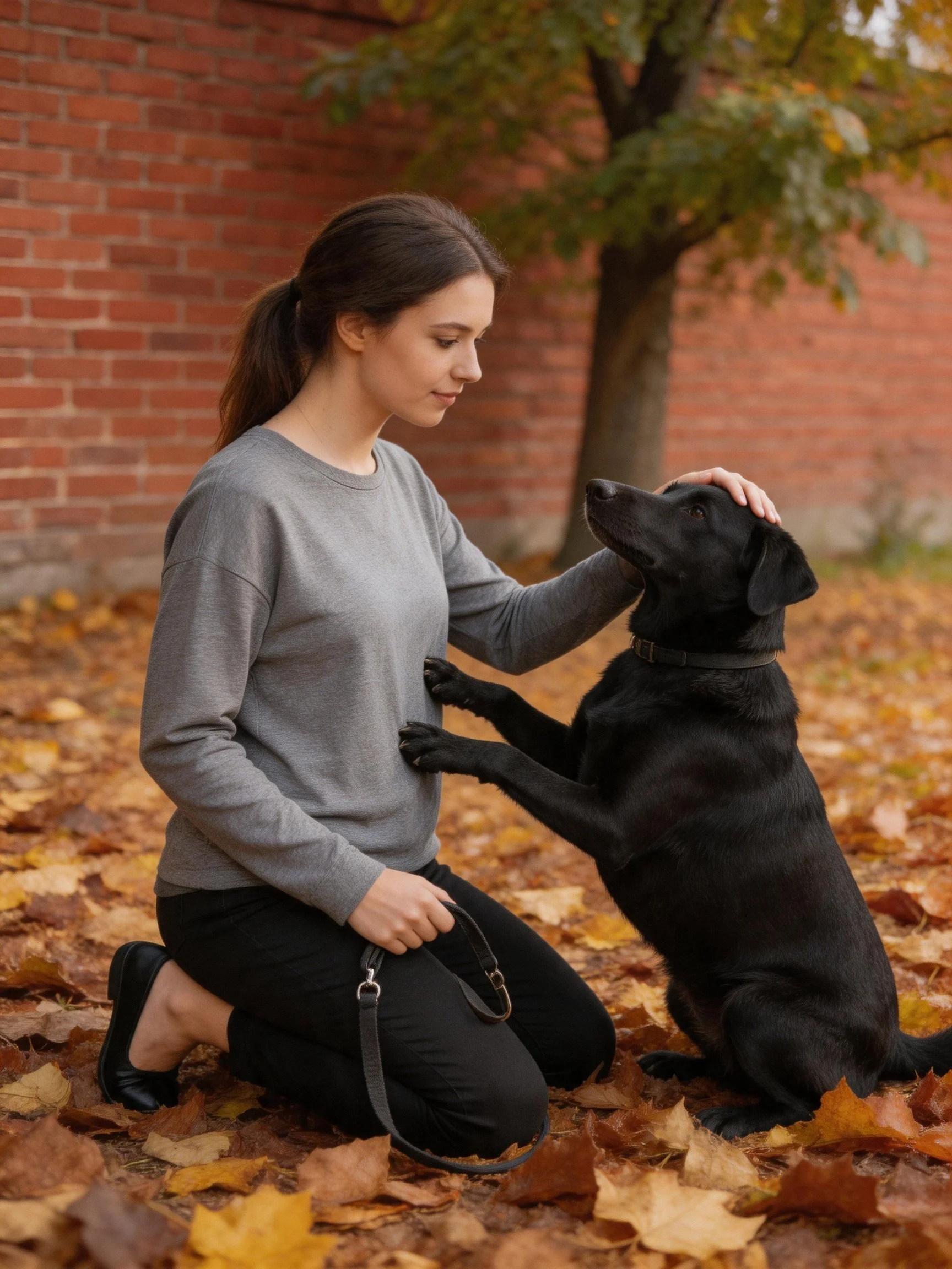 A woman kneels among autumn leaves, petting a black dog close to a red brick wall.