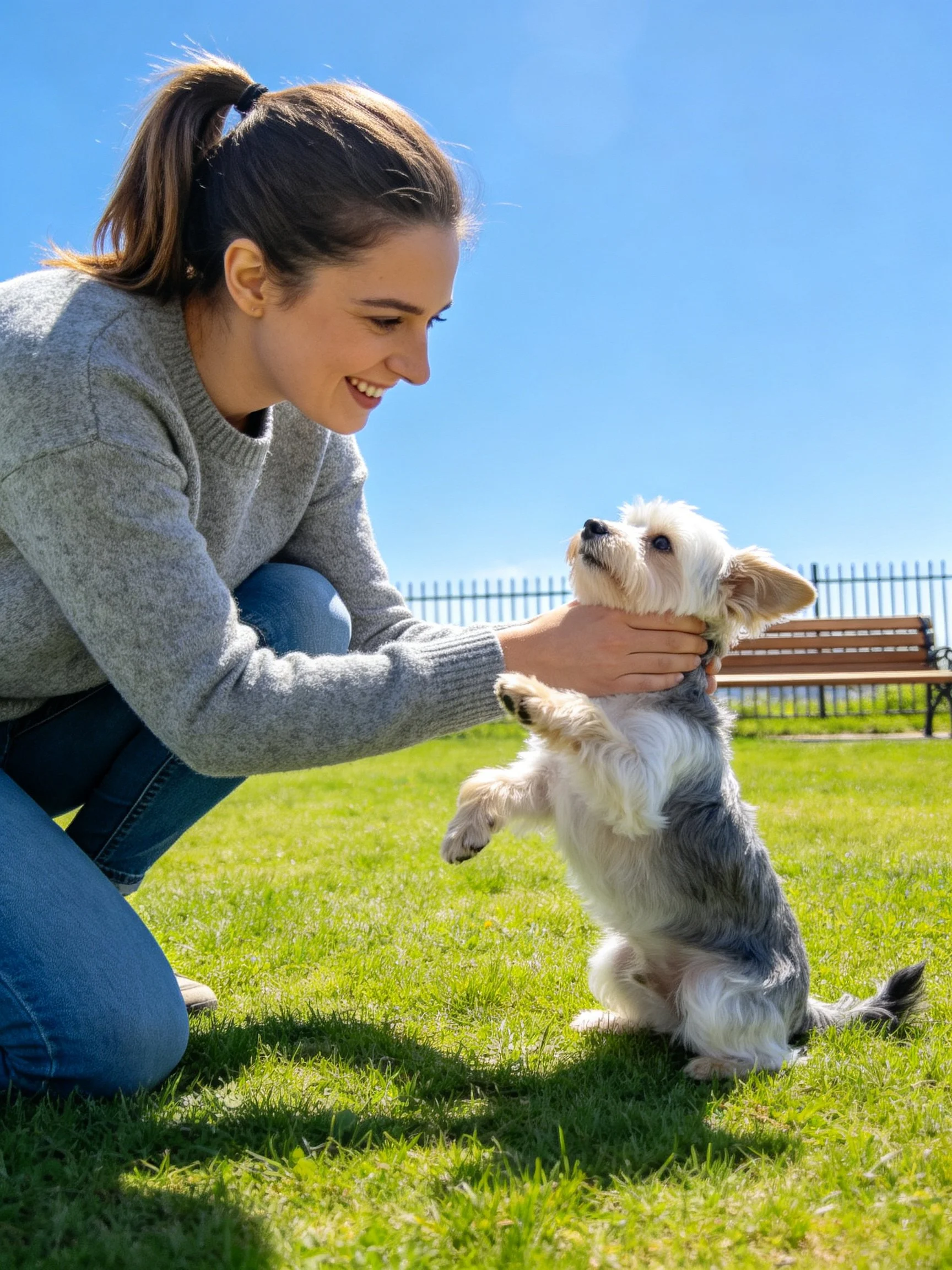 A woman happily plays with a small dog in a sunny park.