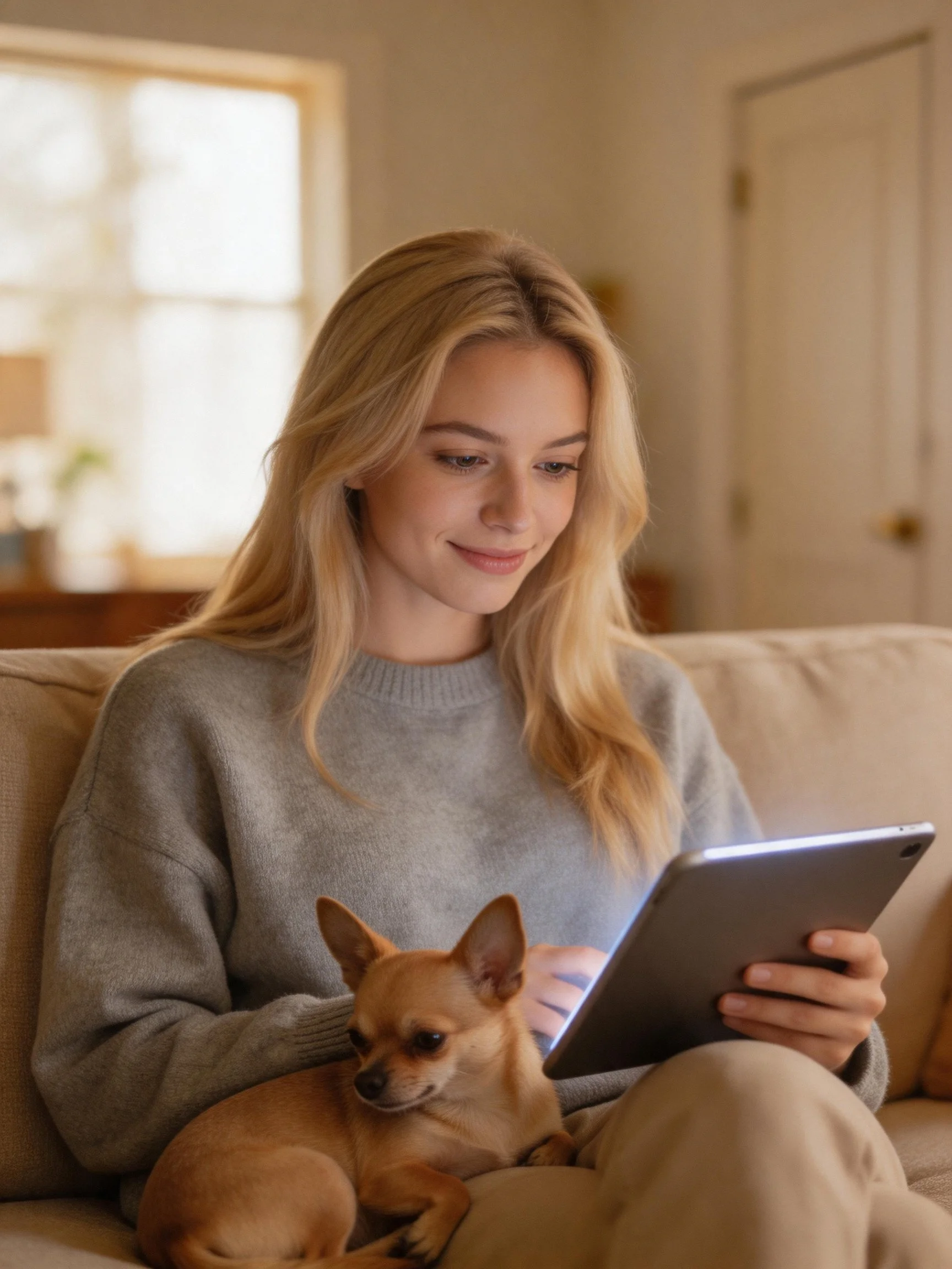 A woman in a cozy living room uses a tablet with a small dog sitting on her lap.