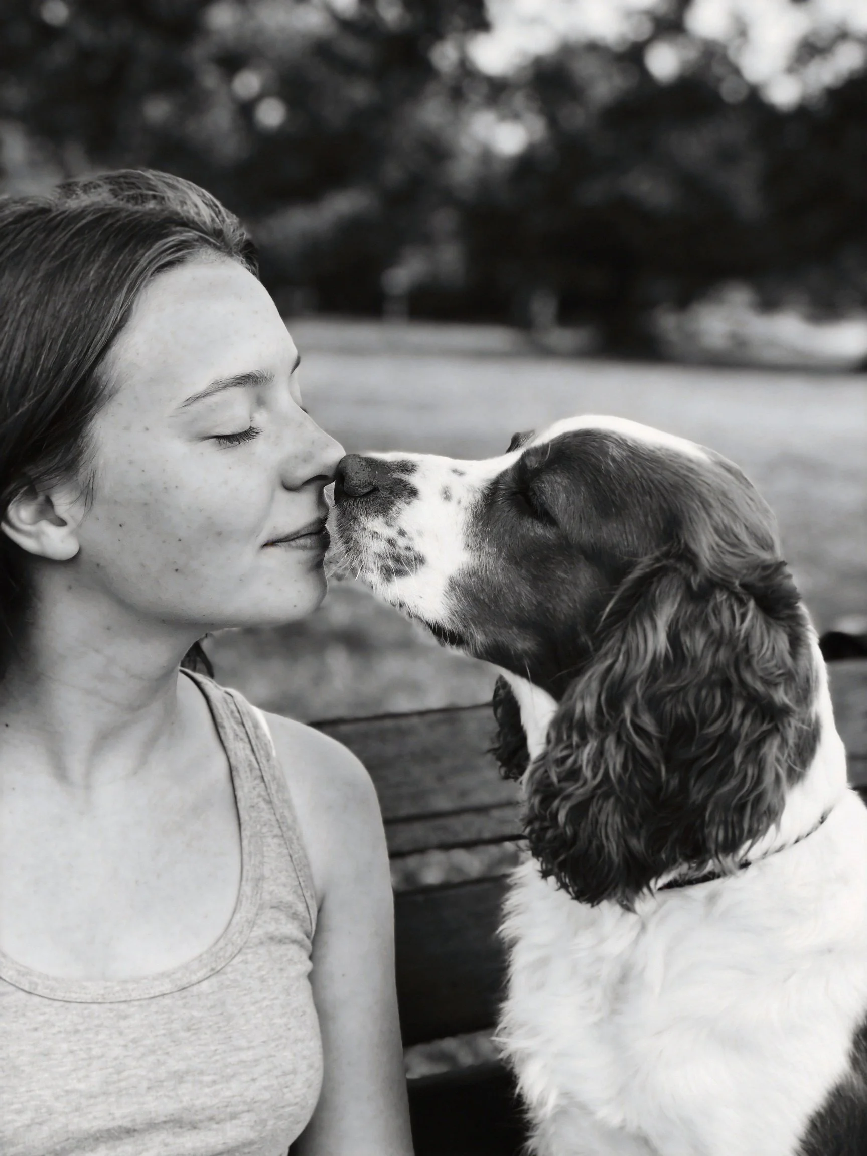 A woman shares an affectionate moment with her spotted spaniel near a park bench.