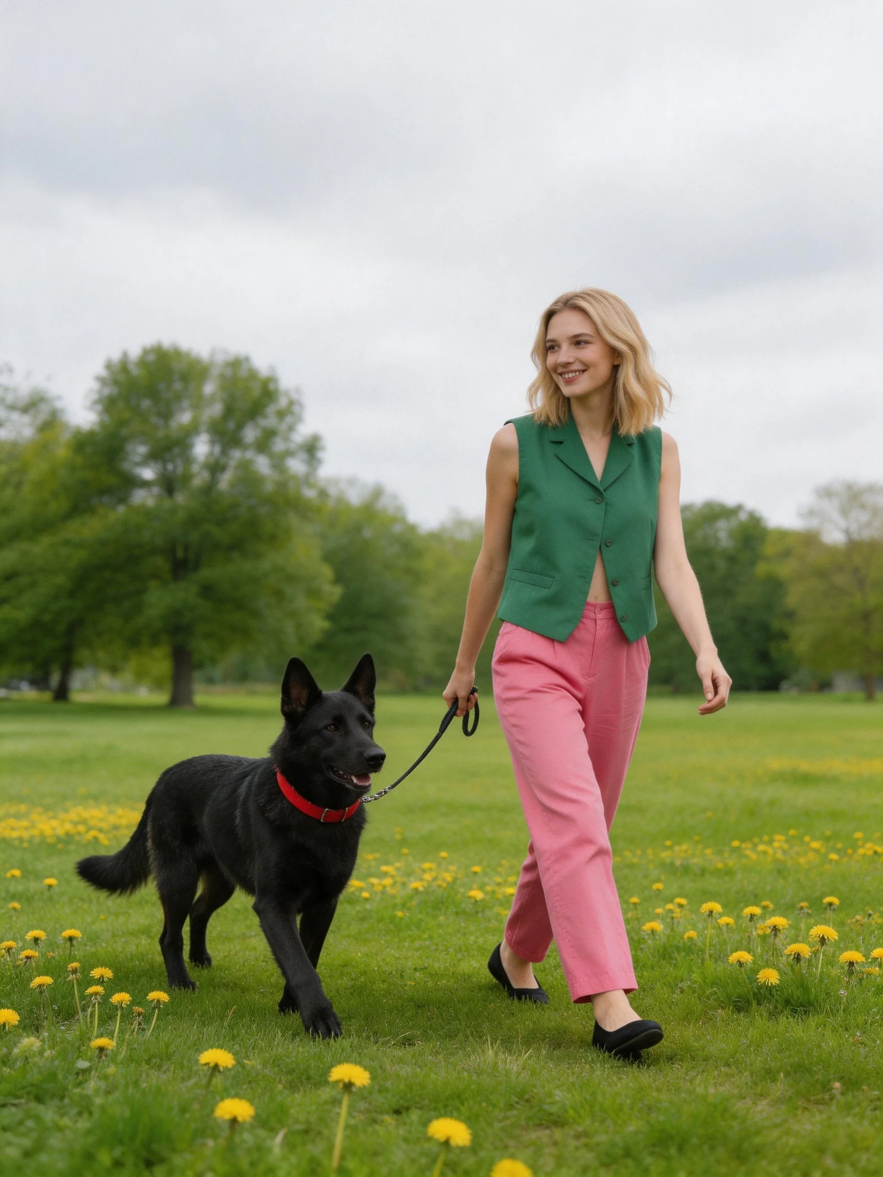 A woman walks her black dog through a grassy field dotted with yellow flowers.