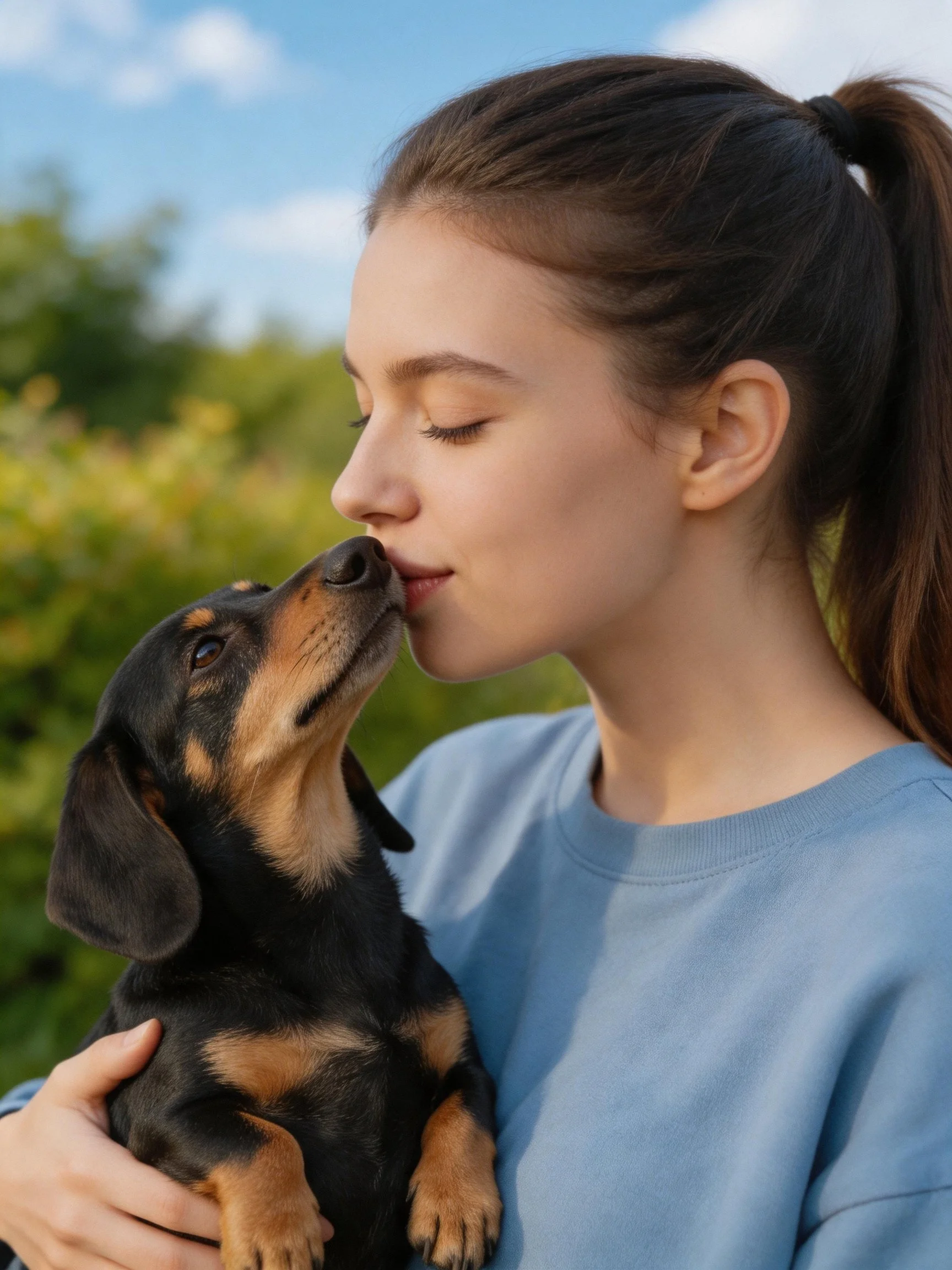 A woman holds a small black and tan puppy as they share an affectionate moment outside