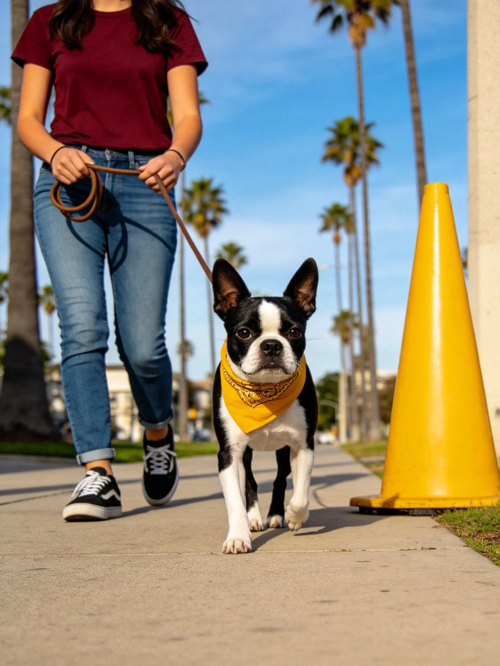 A woman walks her Boston Terrier past a yellow cone on a sunny day.