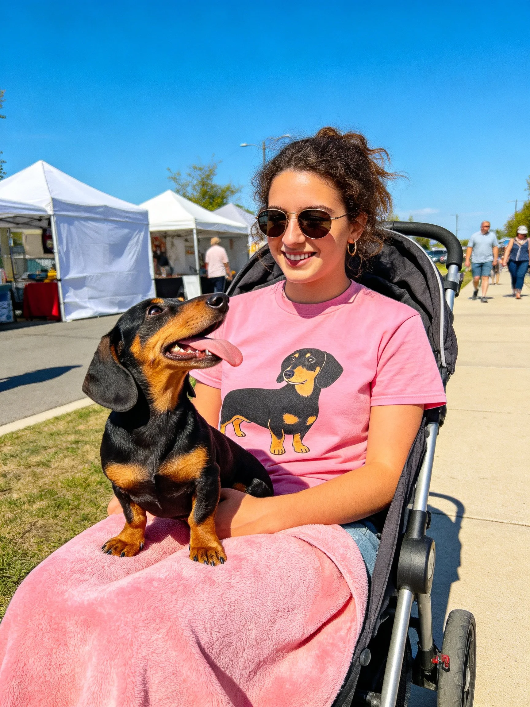 A woman in a pink dachshund t-shirt interacts with a black and tan dachshund outdoors