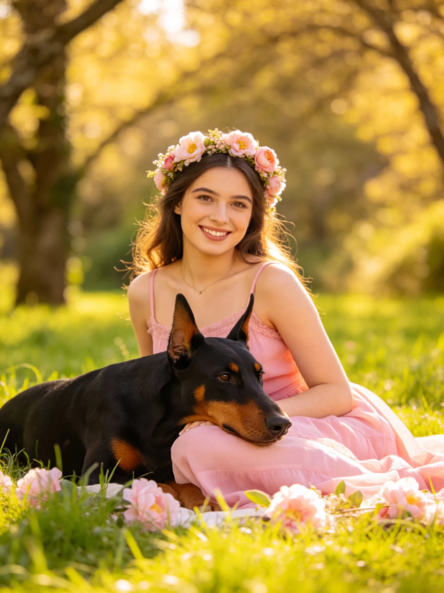 A woman in a pink dress and flower crown sits outdoors with a Doberman by flowers