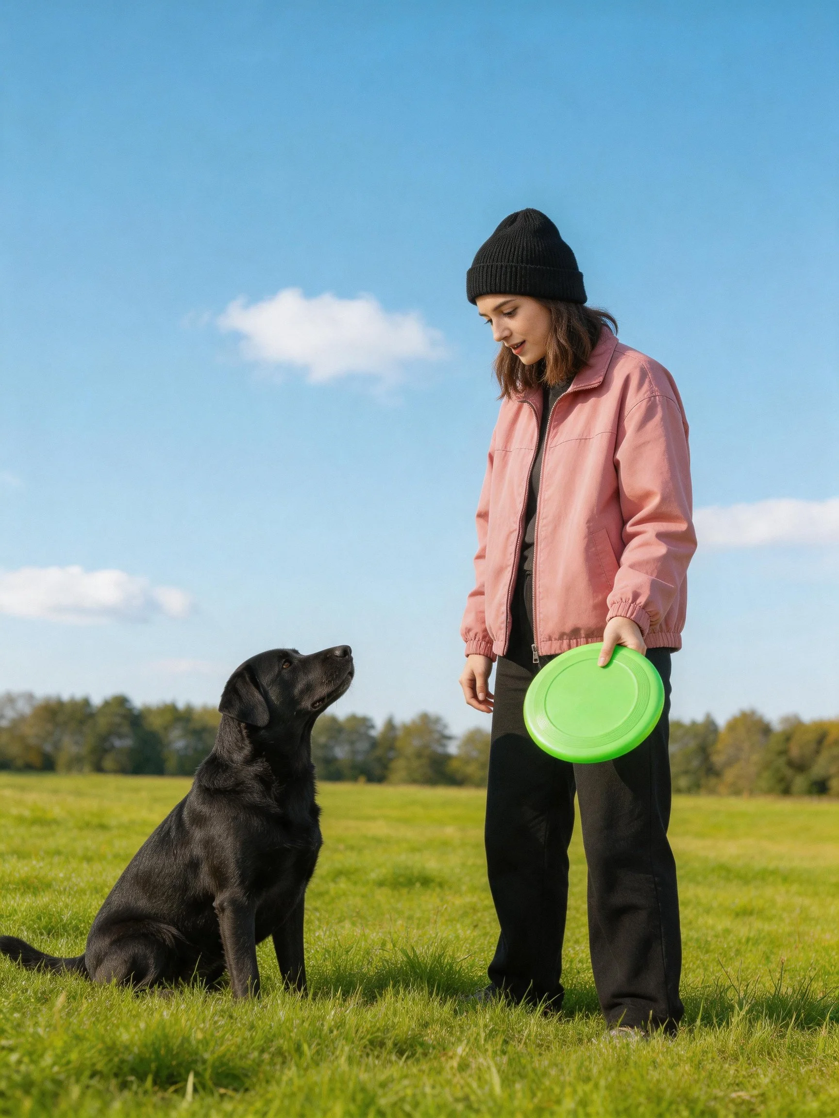 A woman interacts with her black dog while holding a green frisbee in an open grassy area