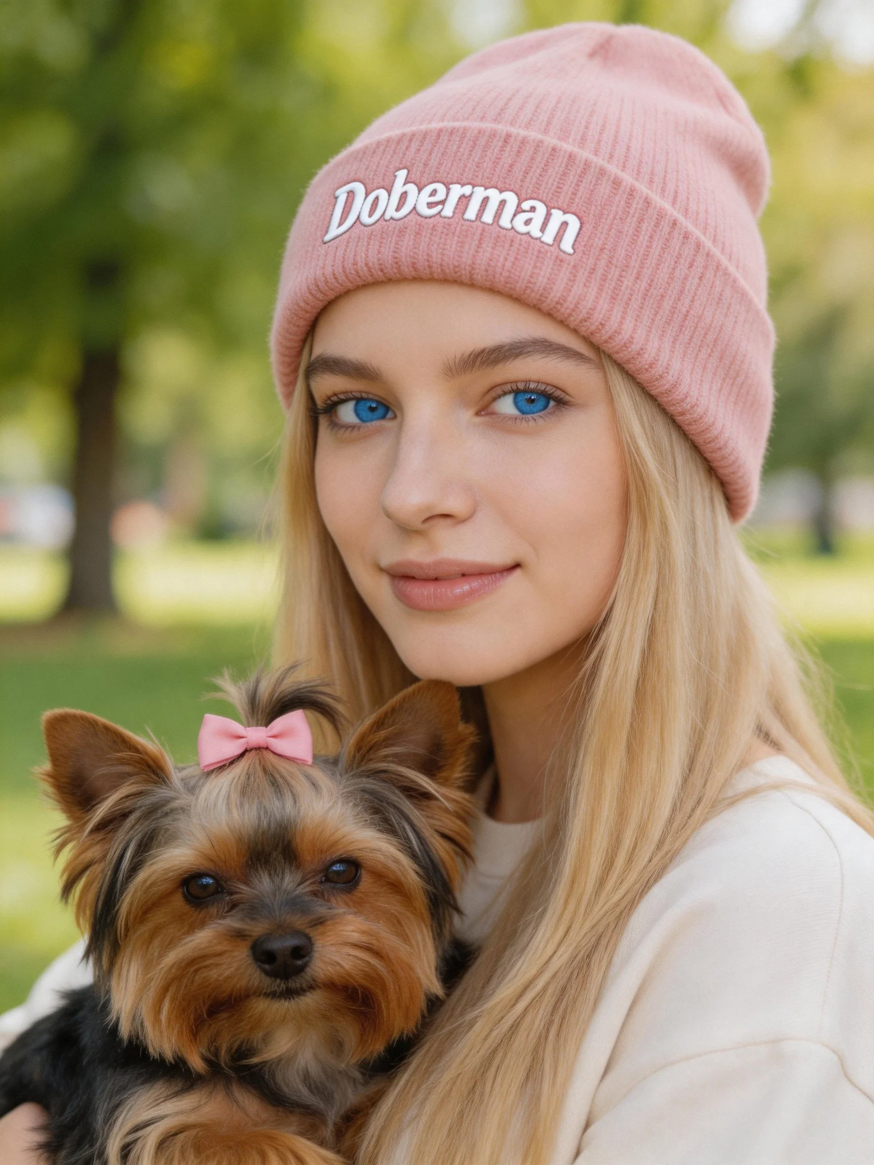 A woman in a pink beanie holds a small dog in an outdoor park setting.