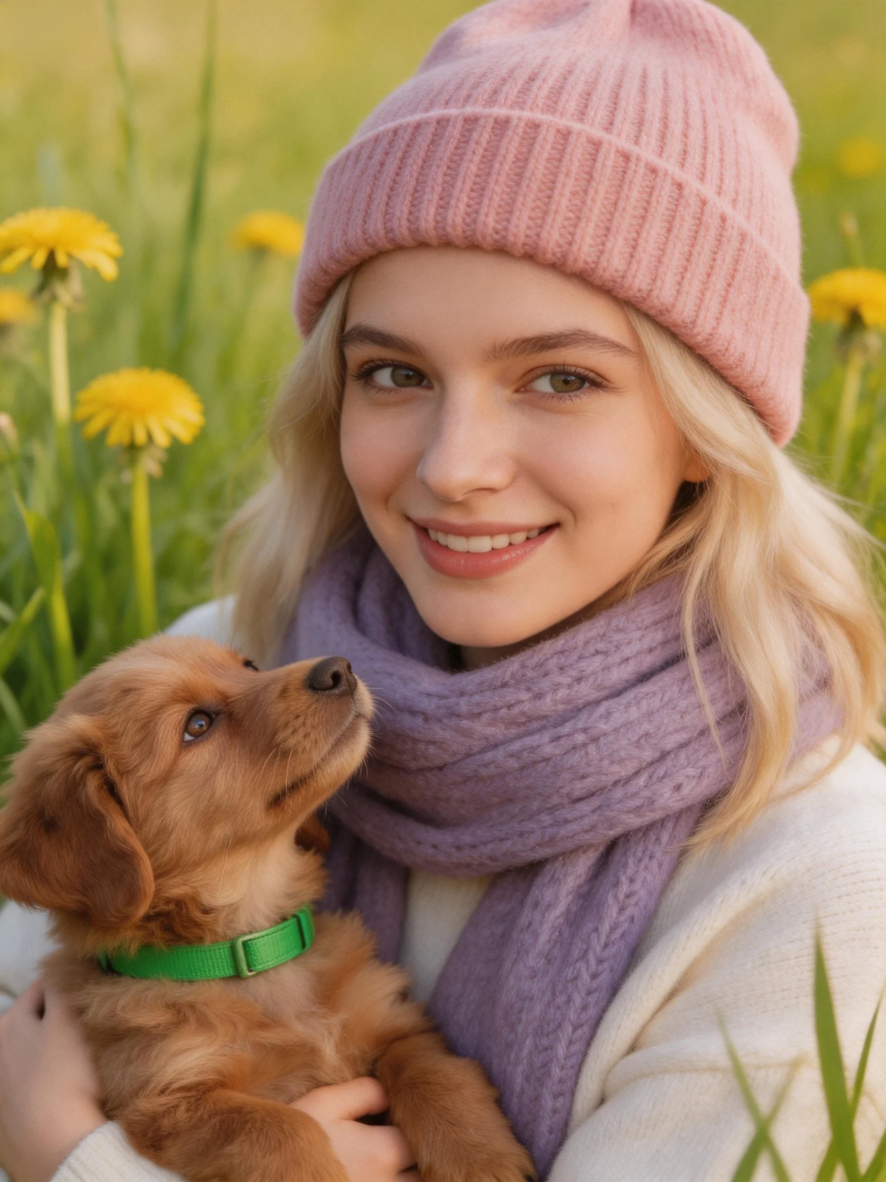 A woman in winter attire holds a small brown puppy outdoors amid flowers.