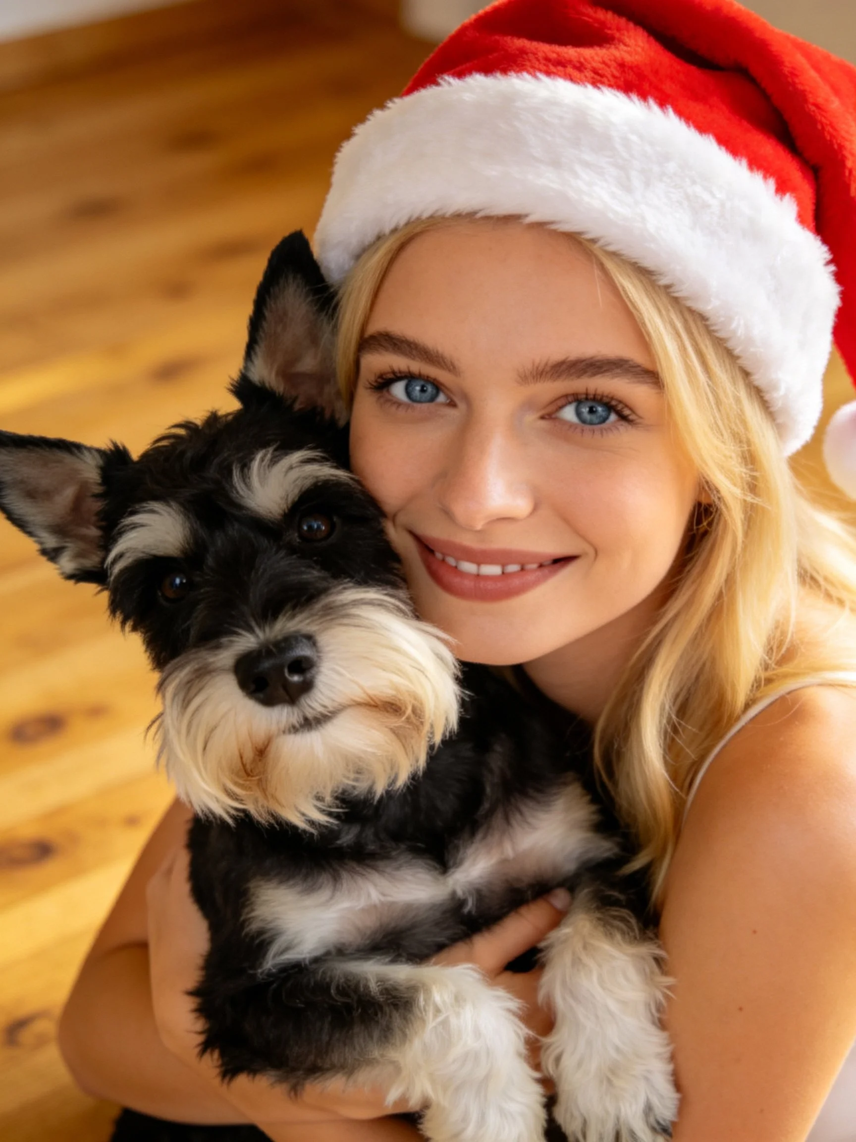 A woman wearing a red Santa hat holds a black and white dog in a warmly lit room.