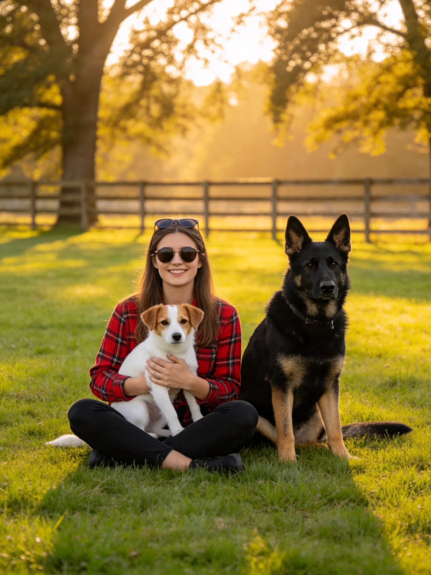 A woman sits outdoors with two dogs of different sizes on a grassy field during golden hour