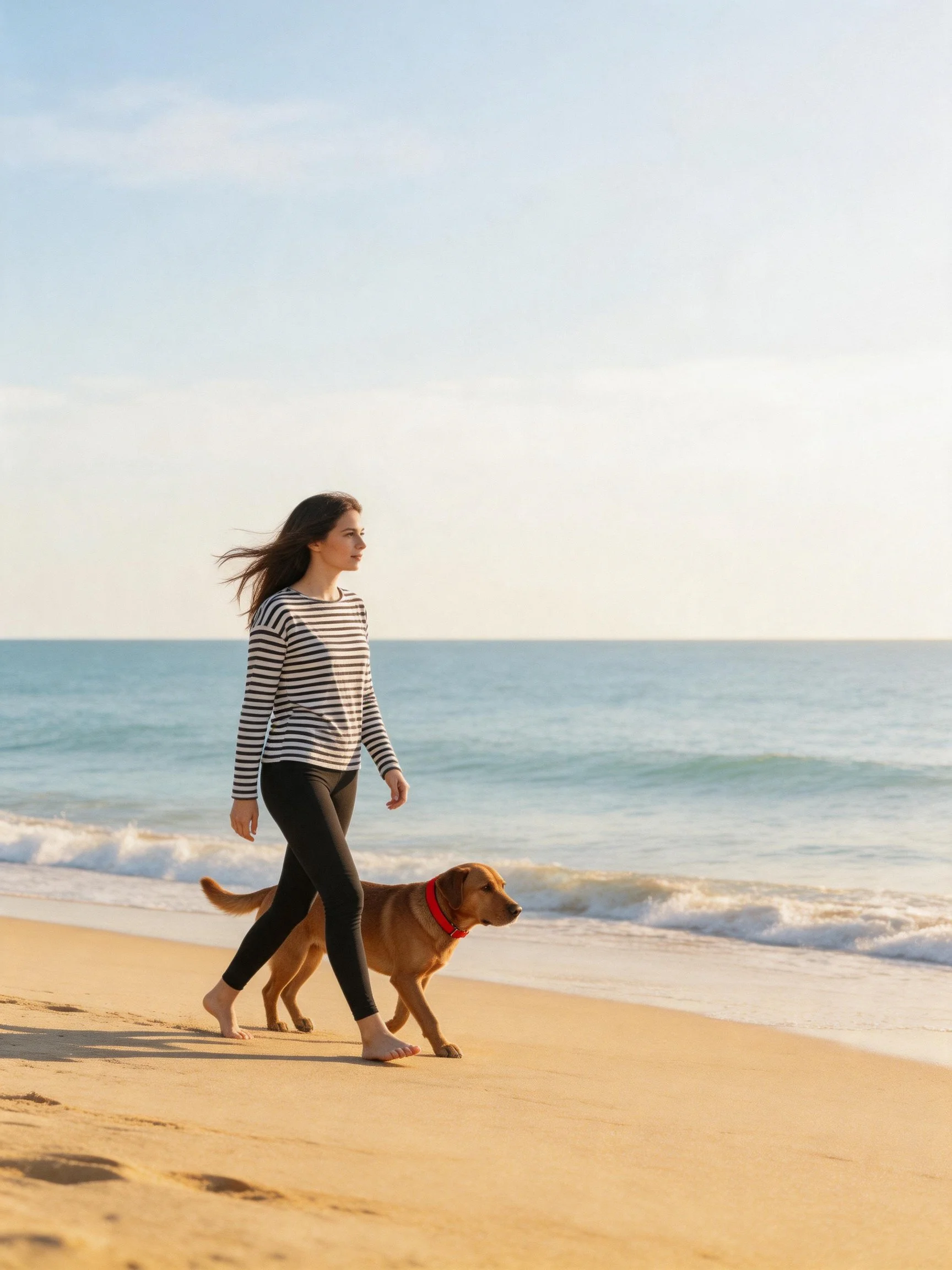 A woman in a striped shirt walks her brown dog along a sandy beach shoreline