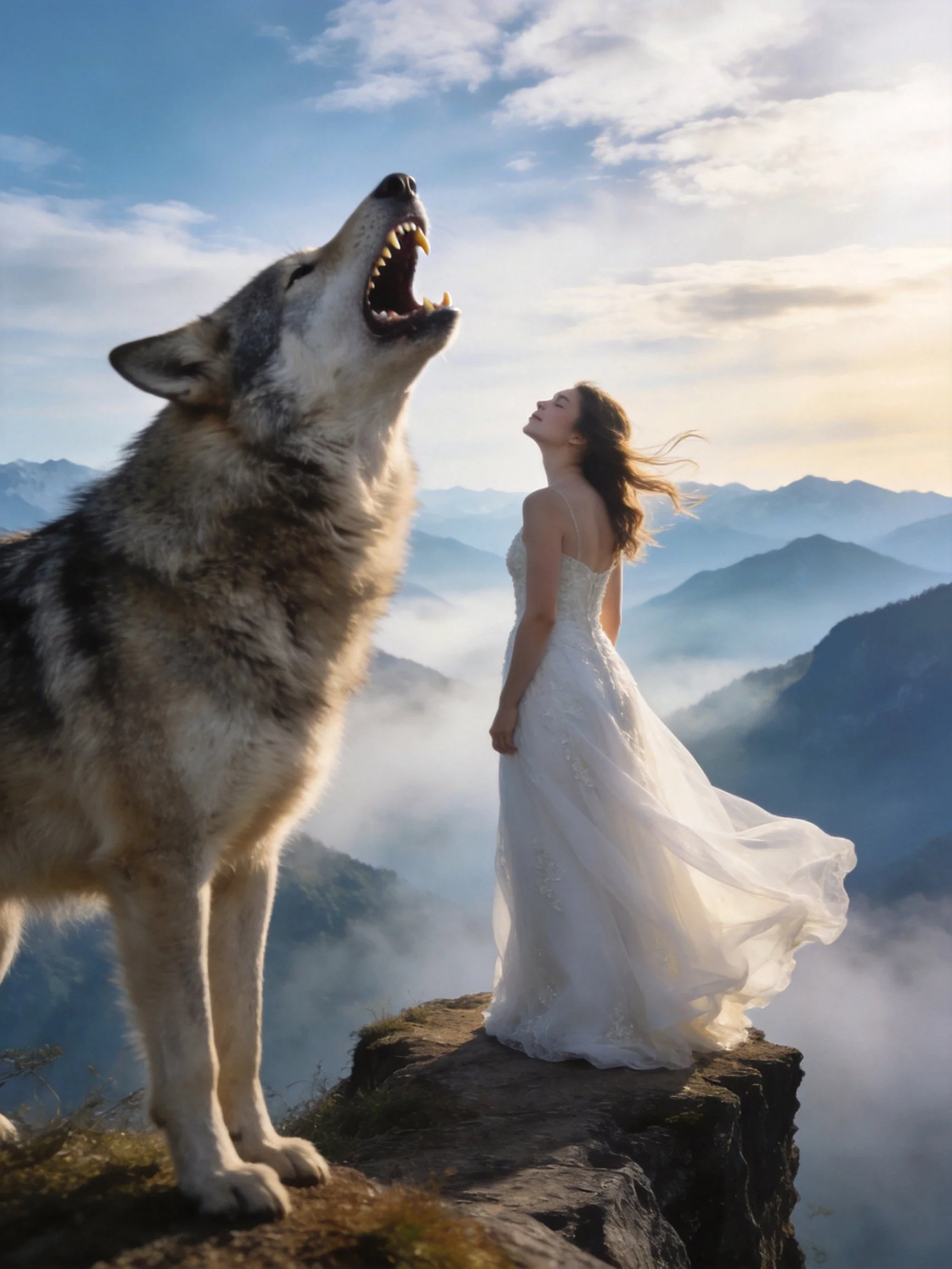 A woman in a white dress stands near a howling wolf on a misty mountain peak.
