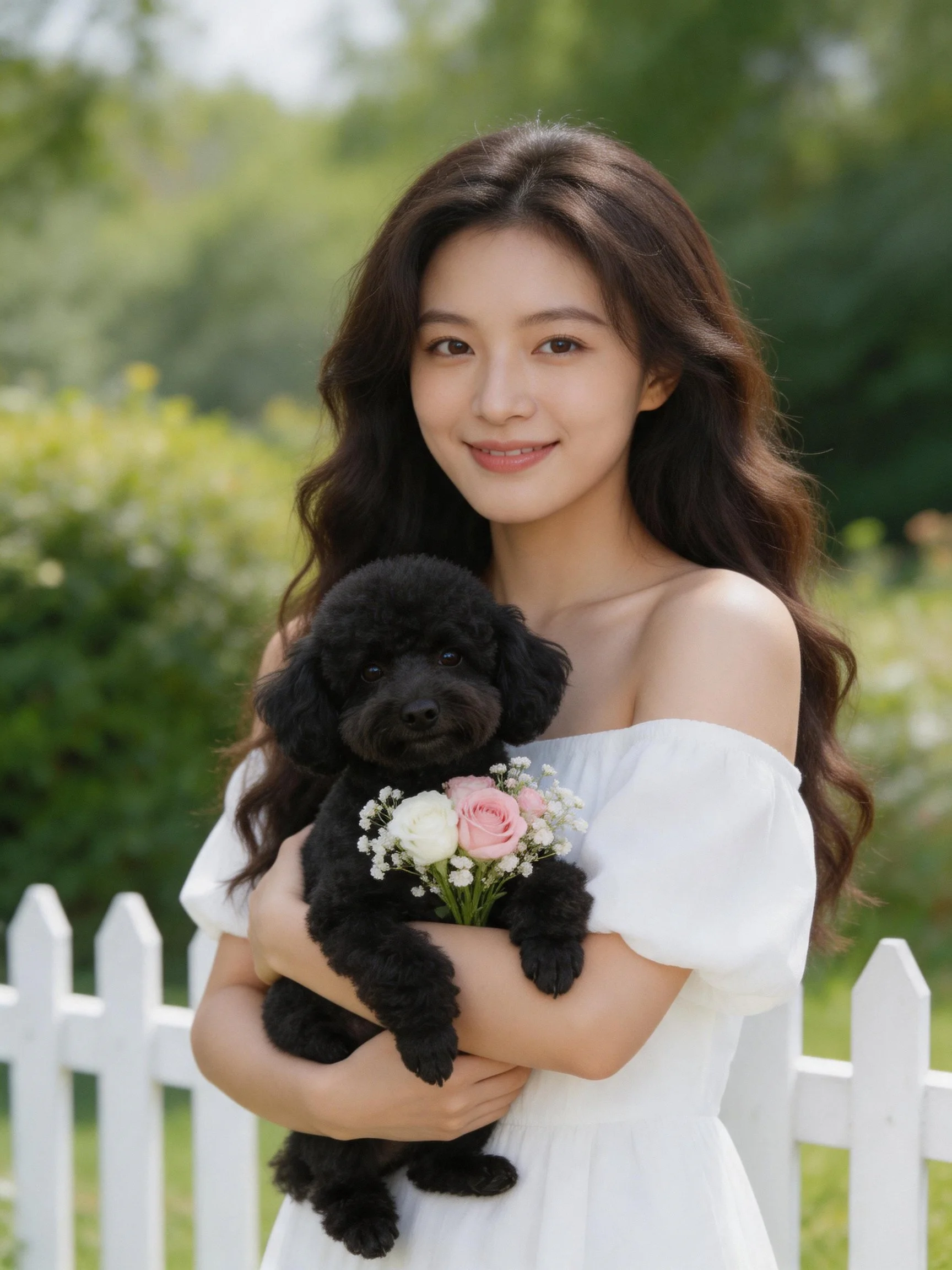 A woman in a white dress holds a black poodle with flowers outdoors.