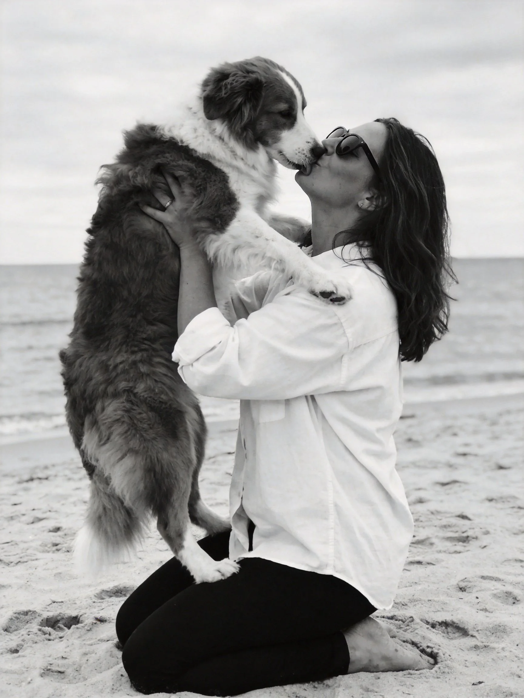 A woman affectionately interacts with her large dog on a sandy beach.