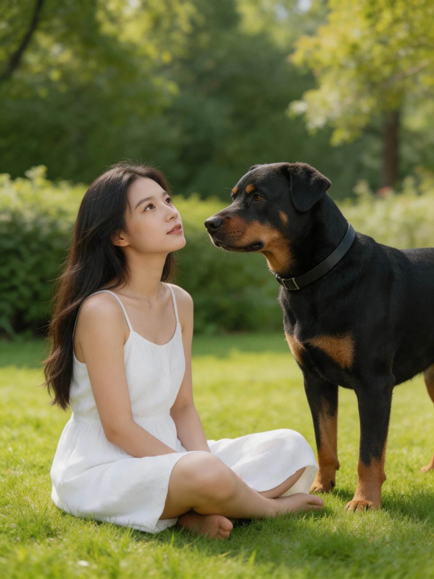 A woman in a white sundress sits on grass with a large black-tan dog