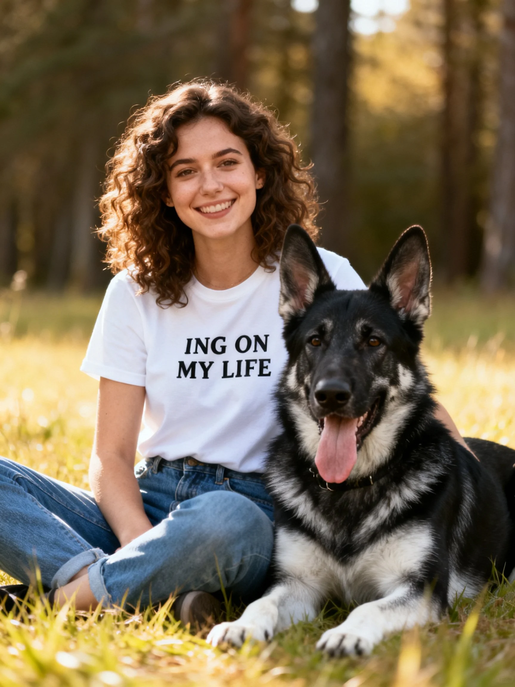 A woman in casual clothes sits outside next to a German Shepherd dog
