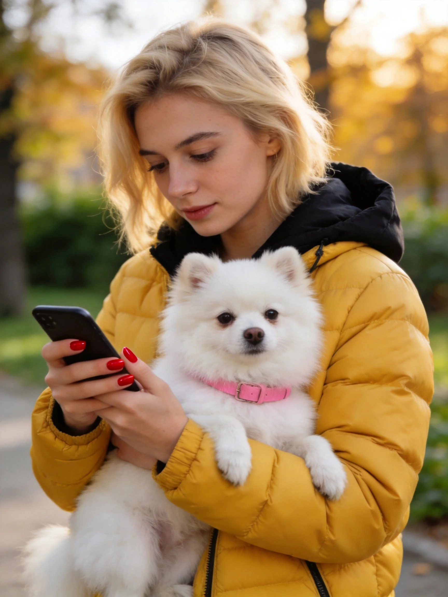 A woman in a yellow coat holds a small white dog while looking at her smartphone.