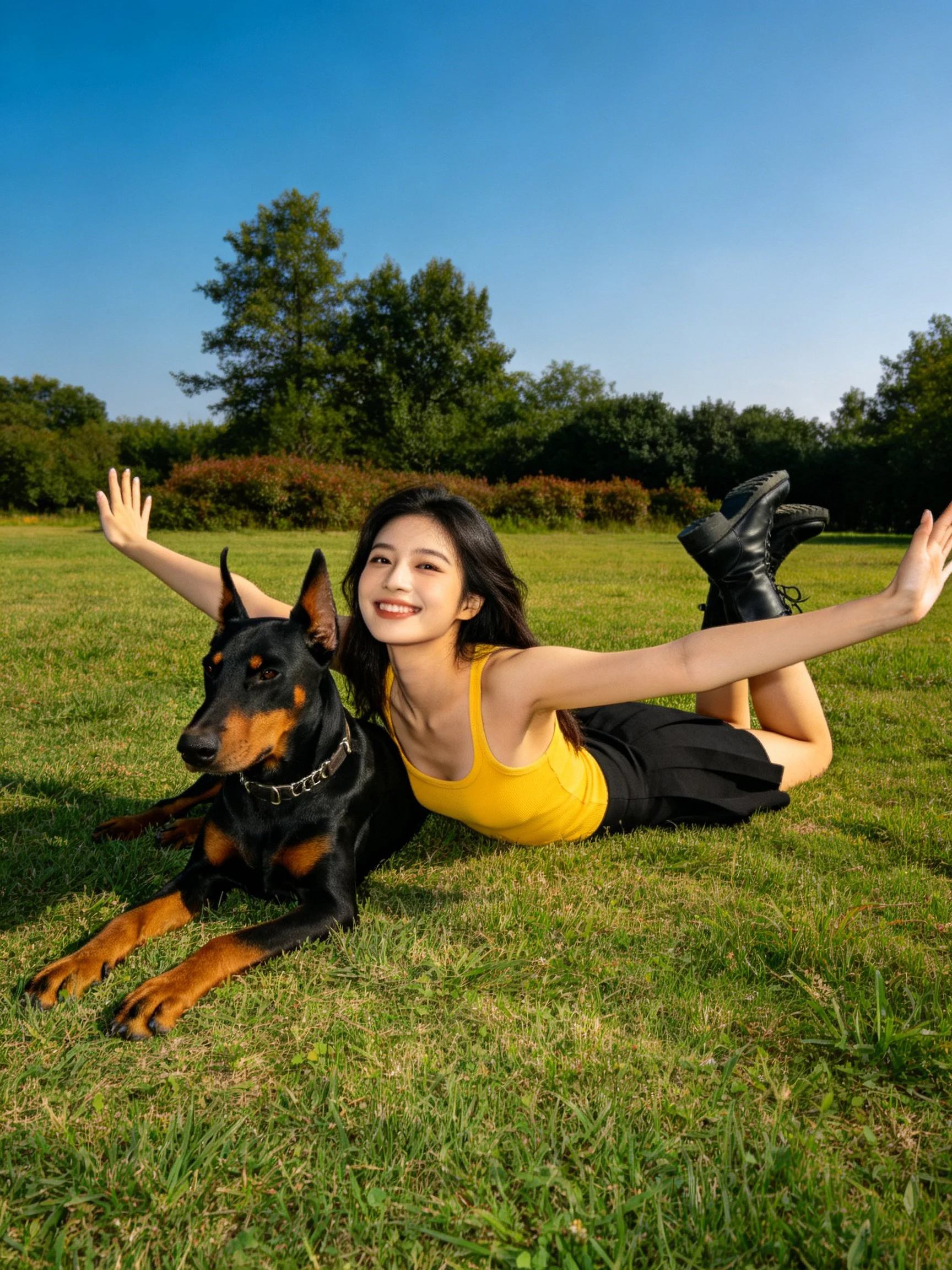 A woman joyfully poses on grass beside a Doberman dog.