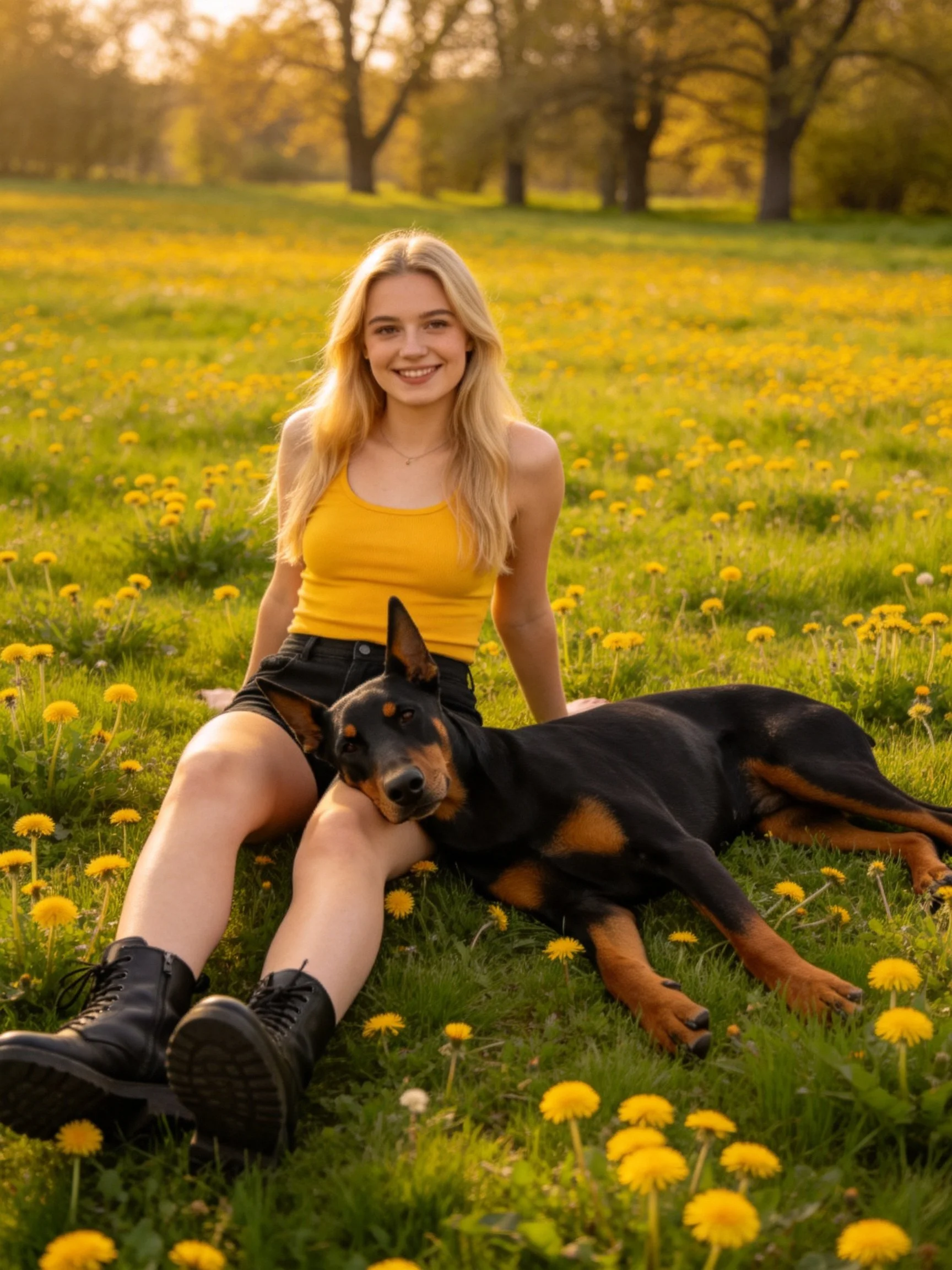 A woman sits with her Doberman in a sunlit meadow of yellow flowers