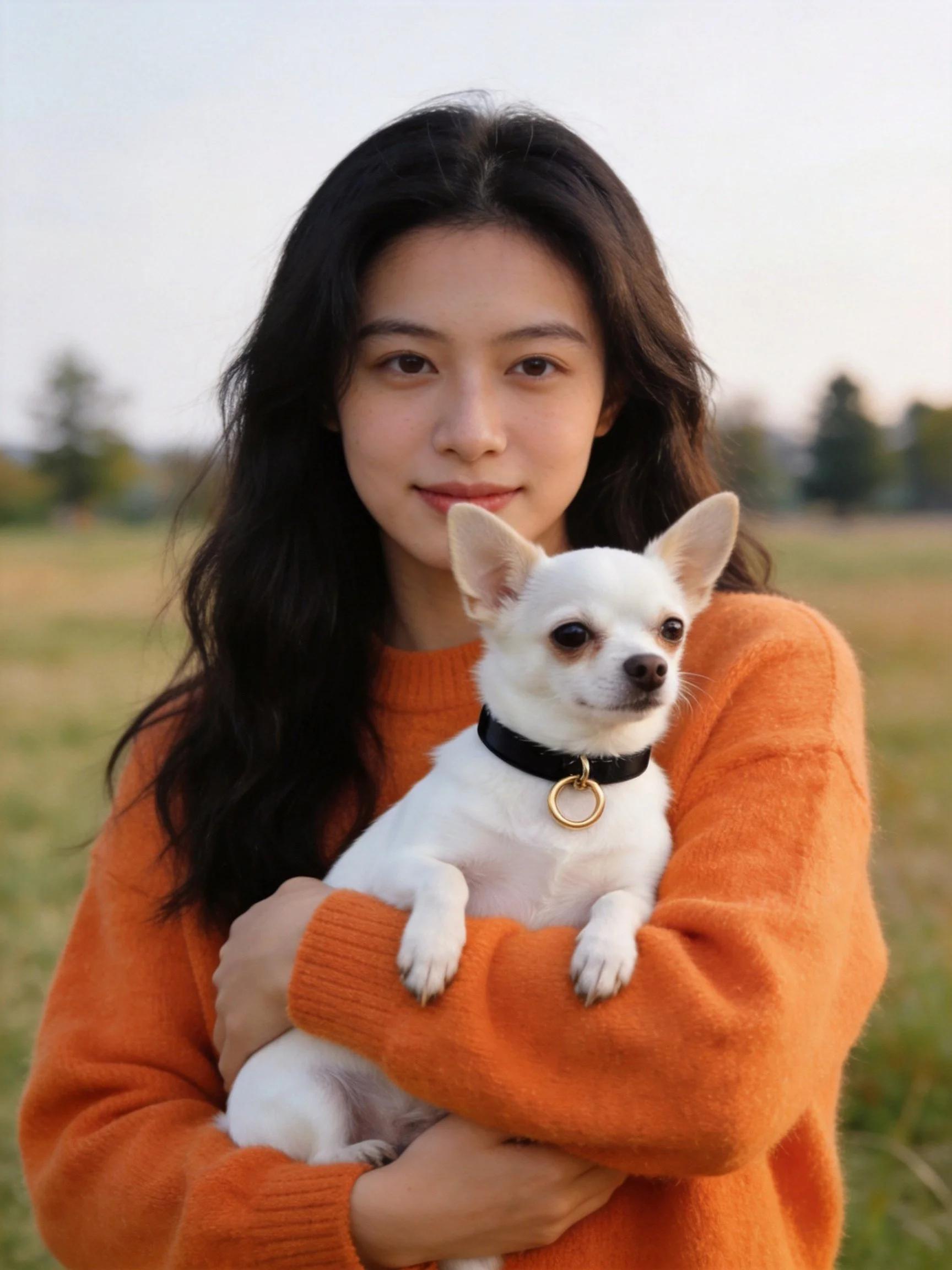 A woman in an orange sweater holds a small white dog in a grassy field