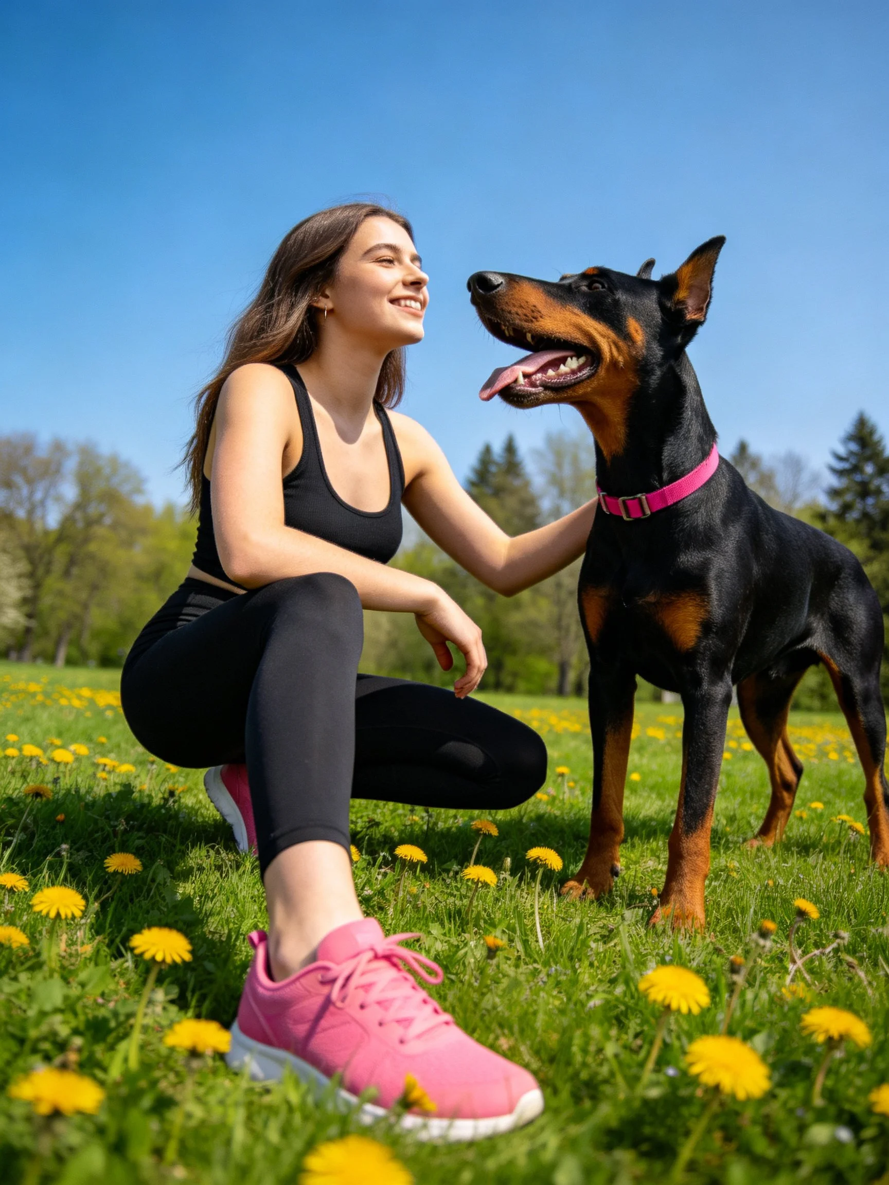 A woman crouches to interact with a Doberman in a sunny flower meadow