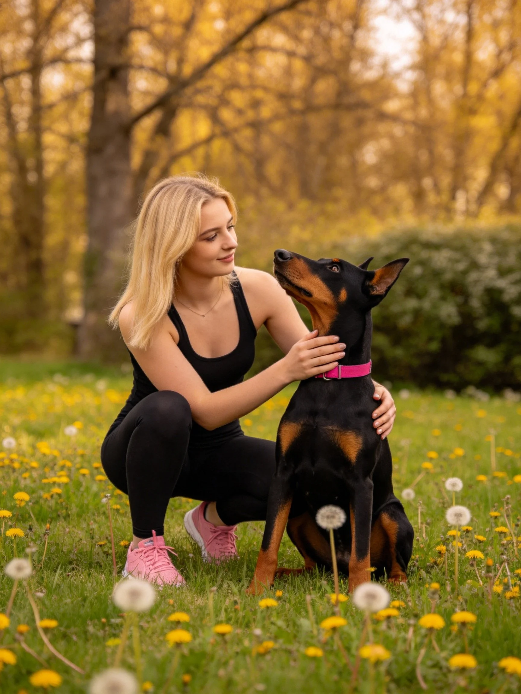 A woman in black attire pets a Doberman in a flower-filled meadow