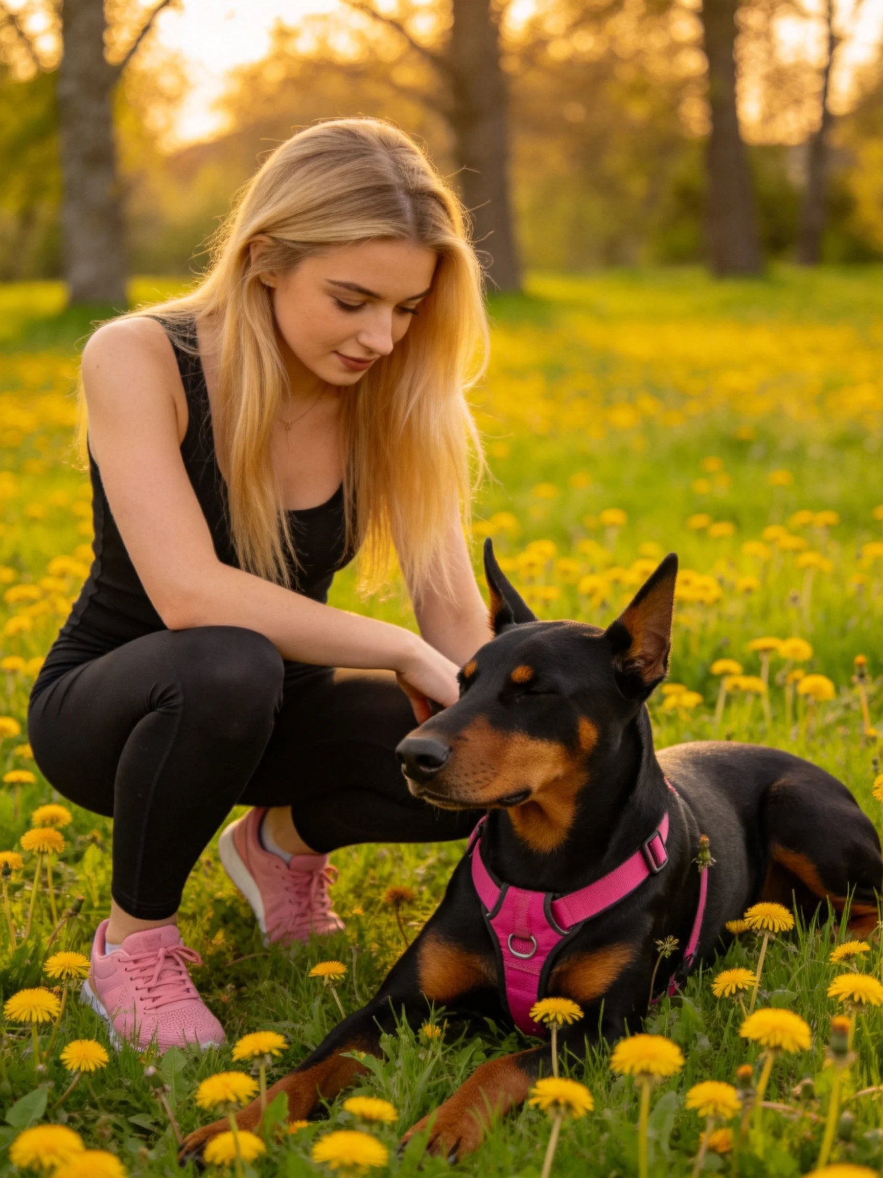 A woman in black clothing pets a Doberman in a yellow-flowered meadow