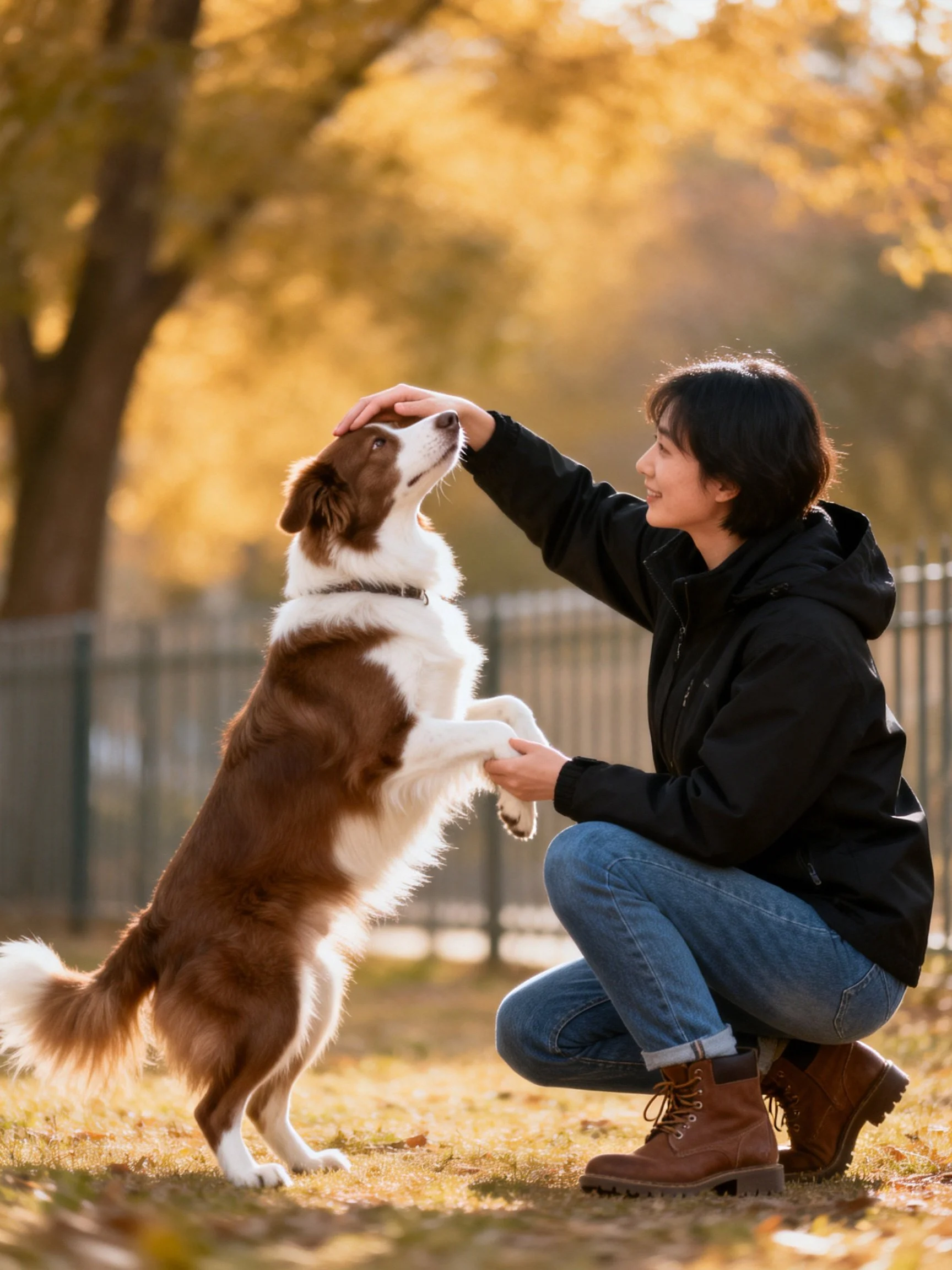 A woman crouches to interact with a standing brown-and-white dog outside.