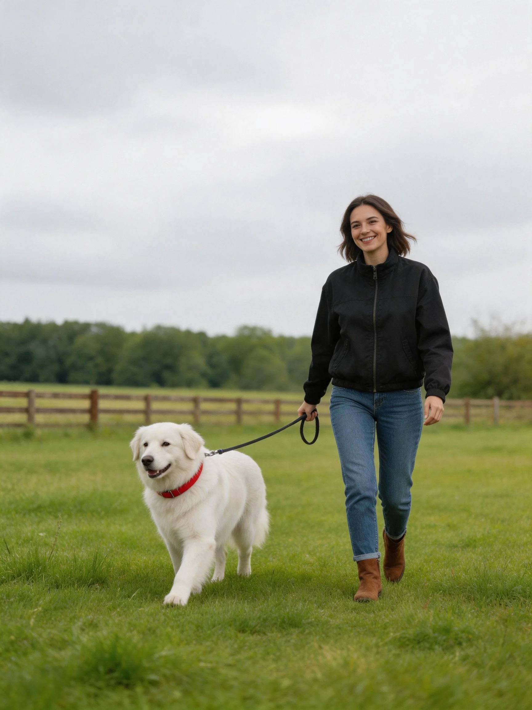 A woman walks her large white dog on a leash through an open green field.