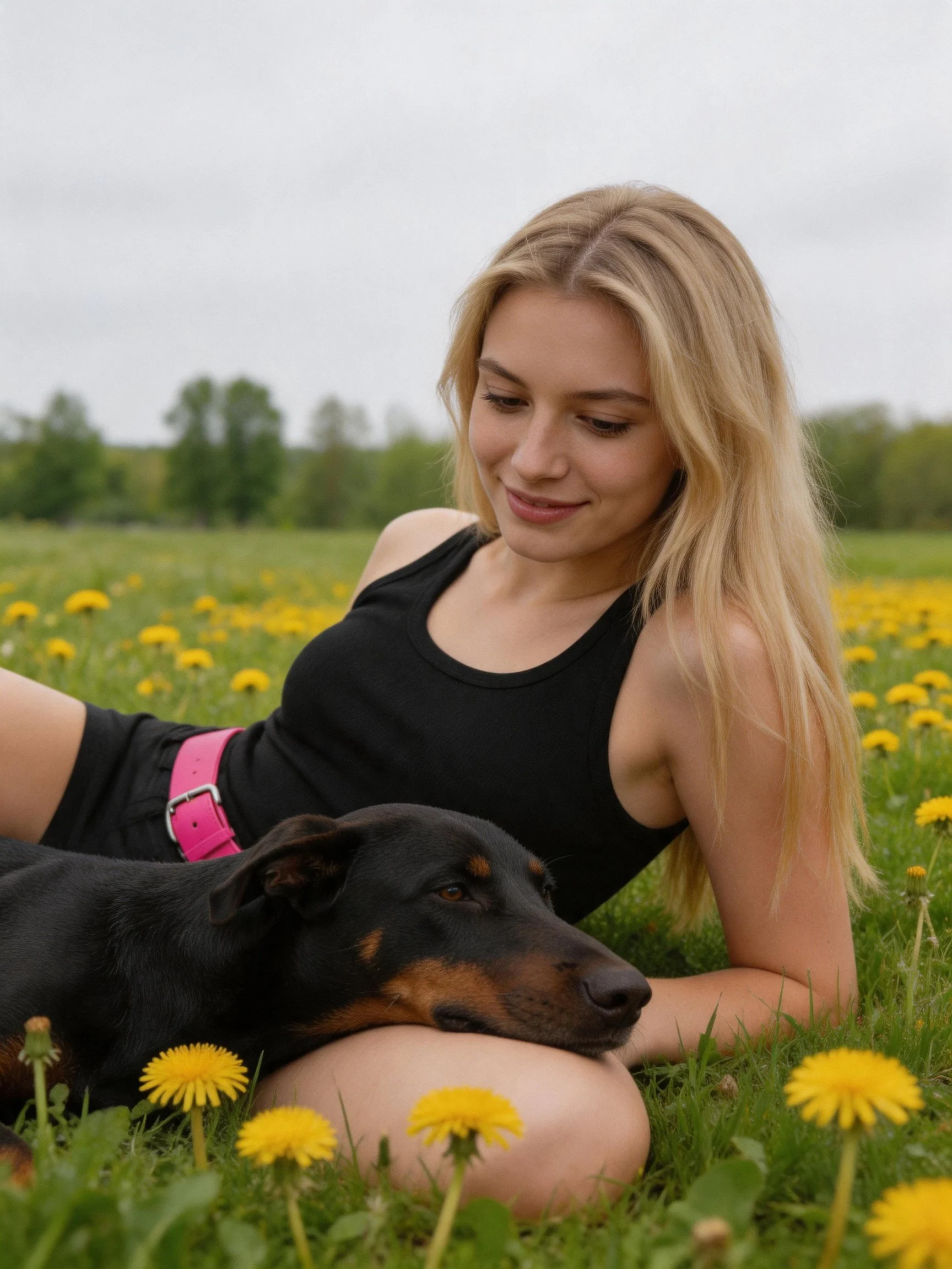 A woman in black relaxes in a field of dandelions with a Doberman nearby.