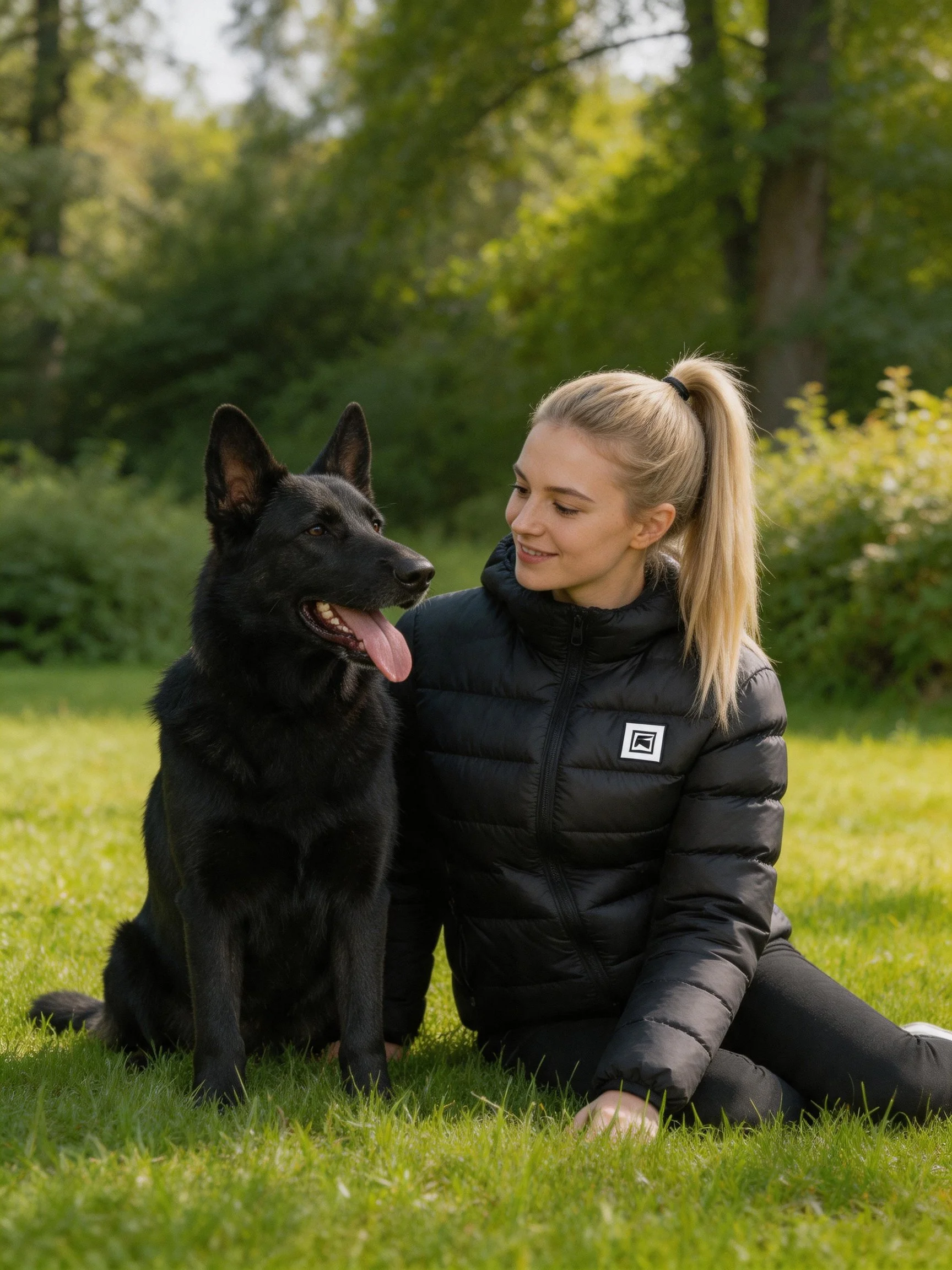A woman in black sits beside a black dog in a sunlit park