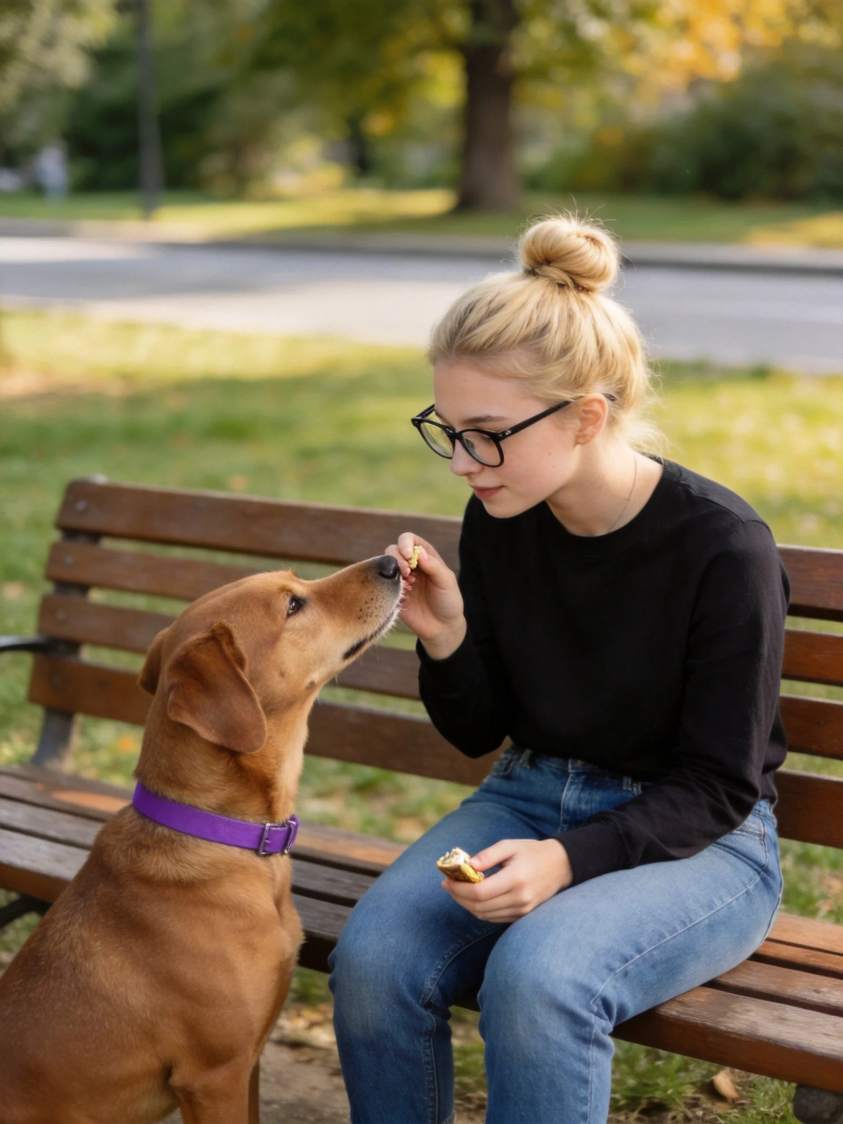 A woman feeds a brown dog while sitting on a wooden bench in a park.