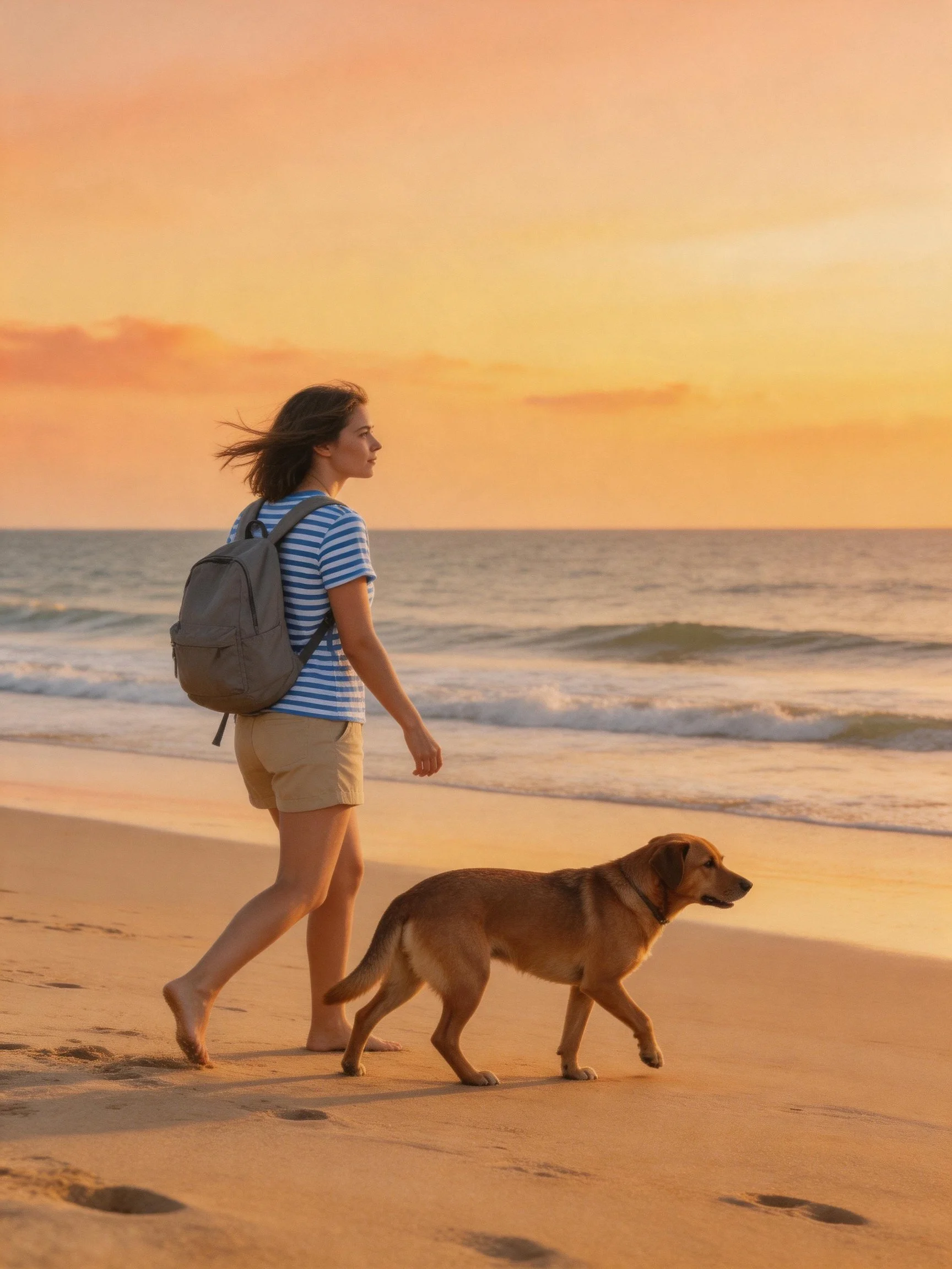 A woman walks her dog on a sandy beach as the sun sets over the ocean.