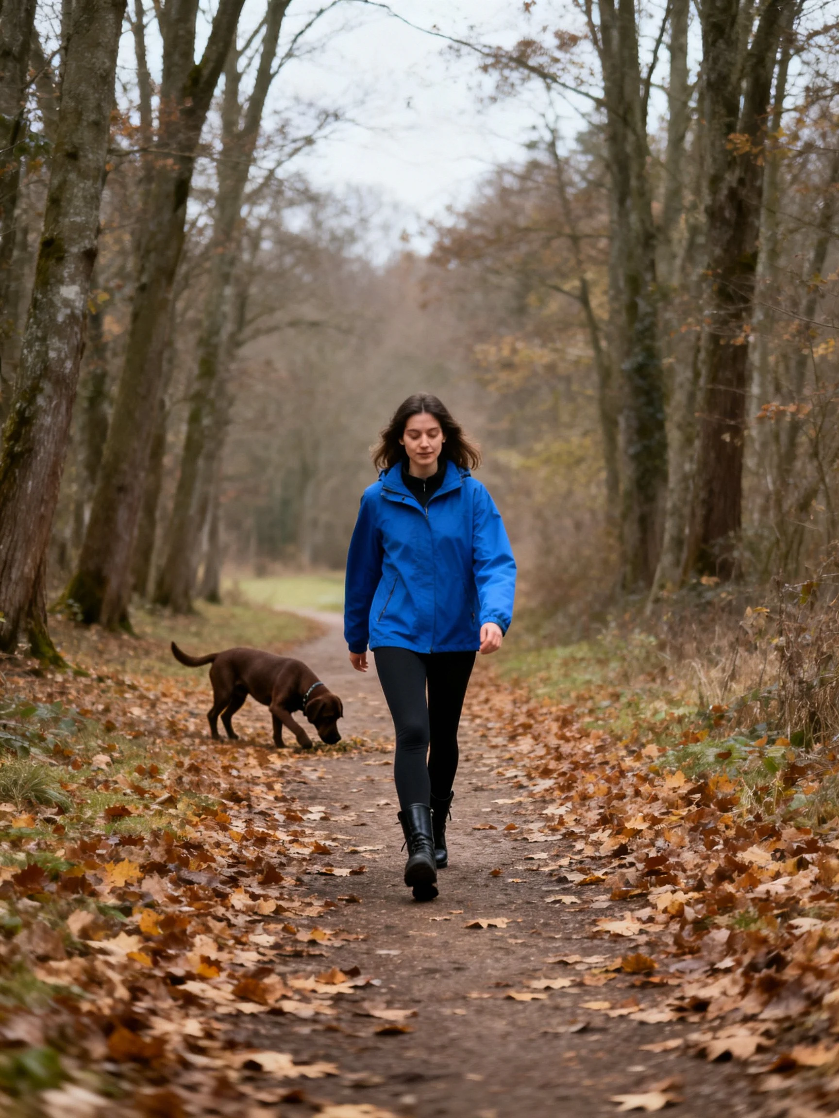 A woman in a blue jacket walks her dog along a leaf-covered forest trail.