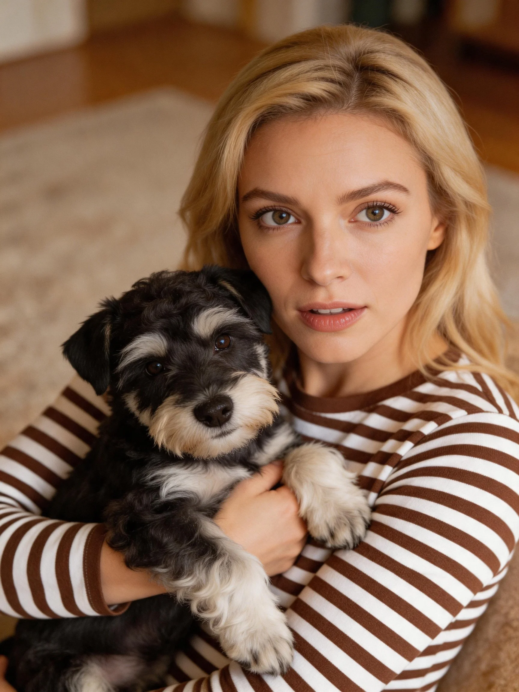 A woman in a brown-striped shirt holds a black and white dog inside.