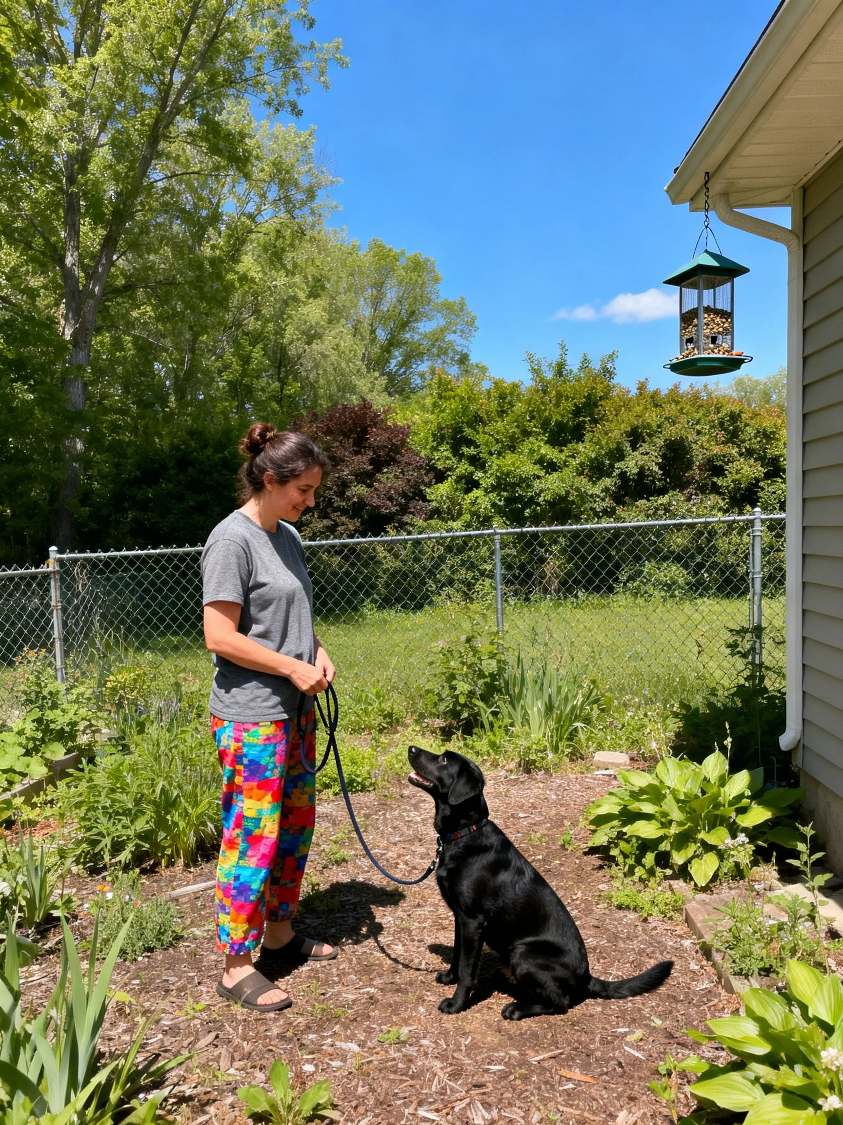 A woman in colorful pants trains a black dog near a bird feeder