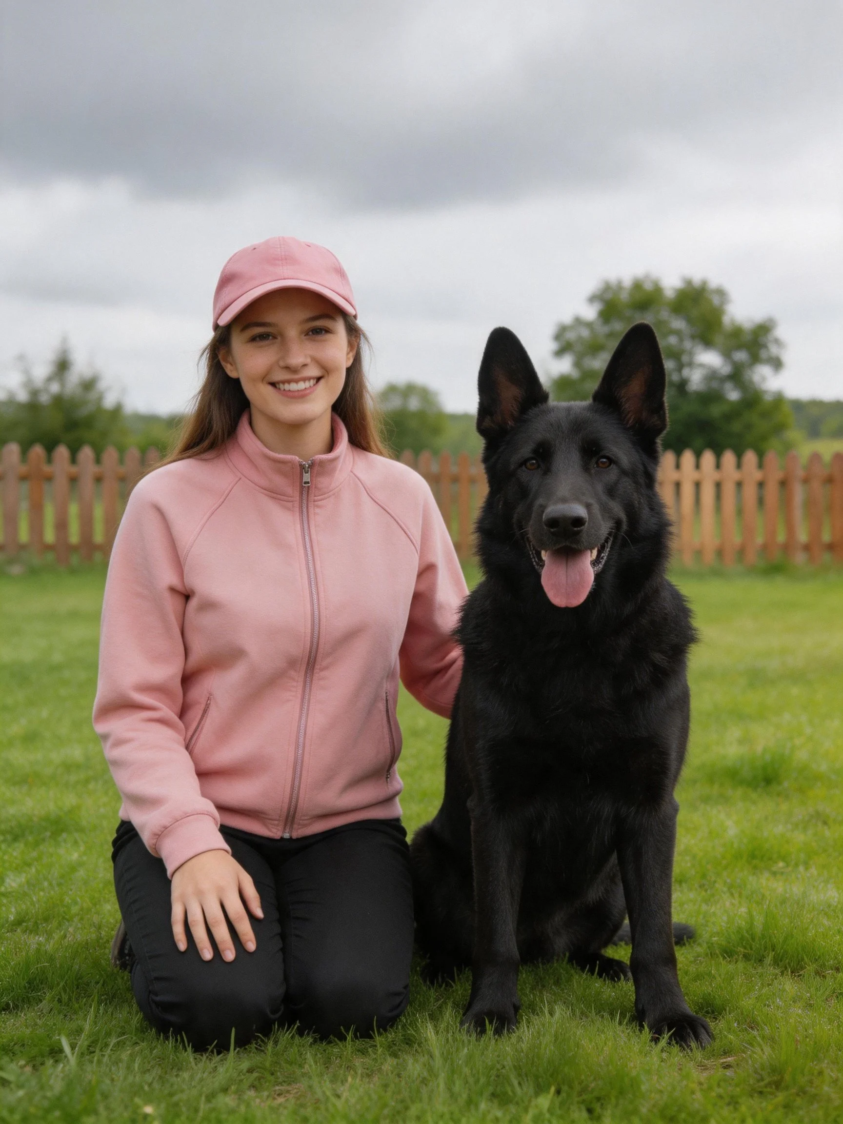 A woman kneels next to a black German Shepherd on green grass near a wooden fence.